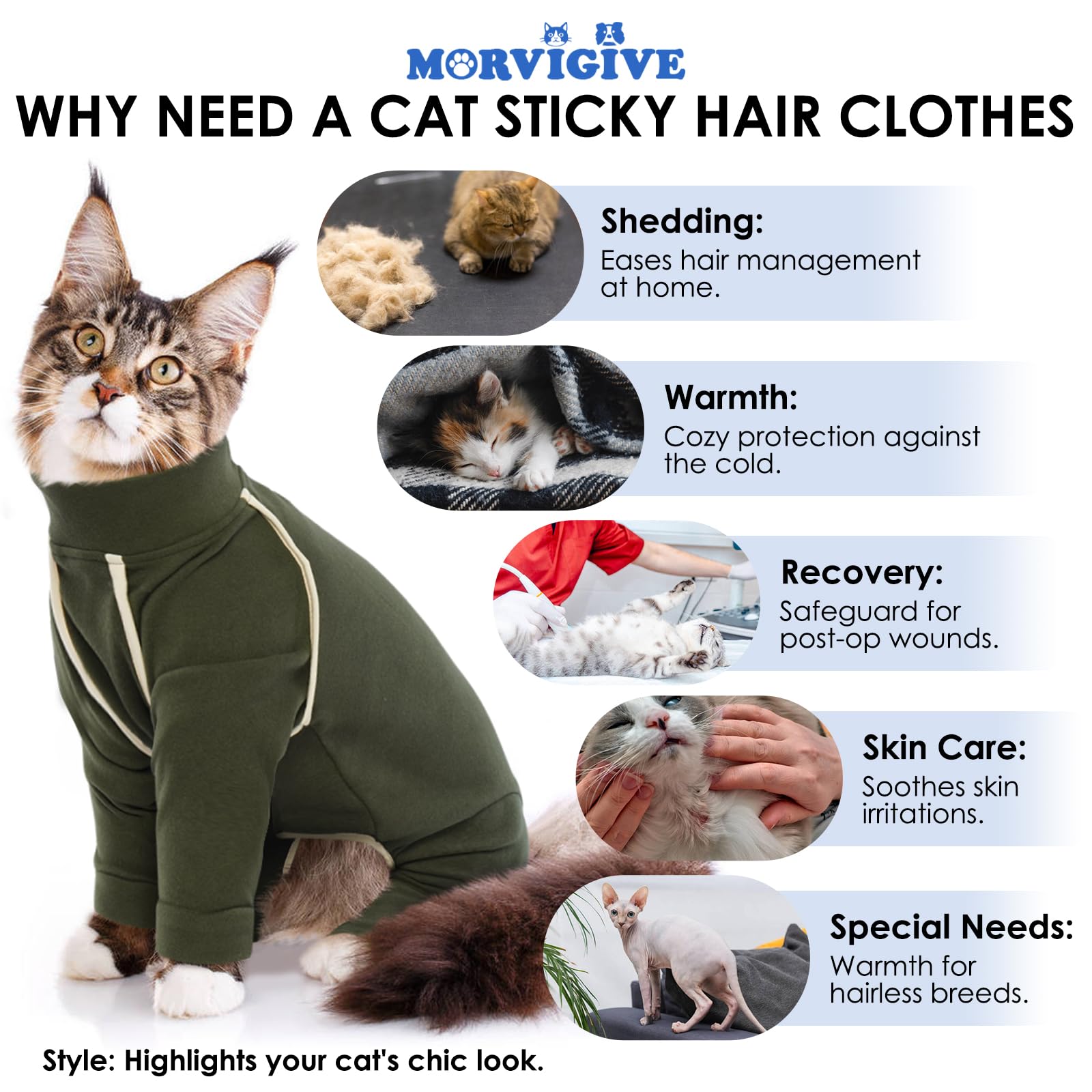 Cat Pajamas - Army Green, L - Prevents Hair Loss, Sticky Hair Clothes, Sphynx Clothes, Anti-Licking Or Skin Disease Recovery Sui