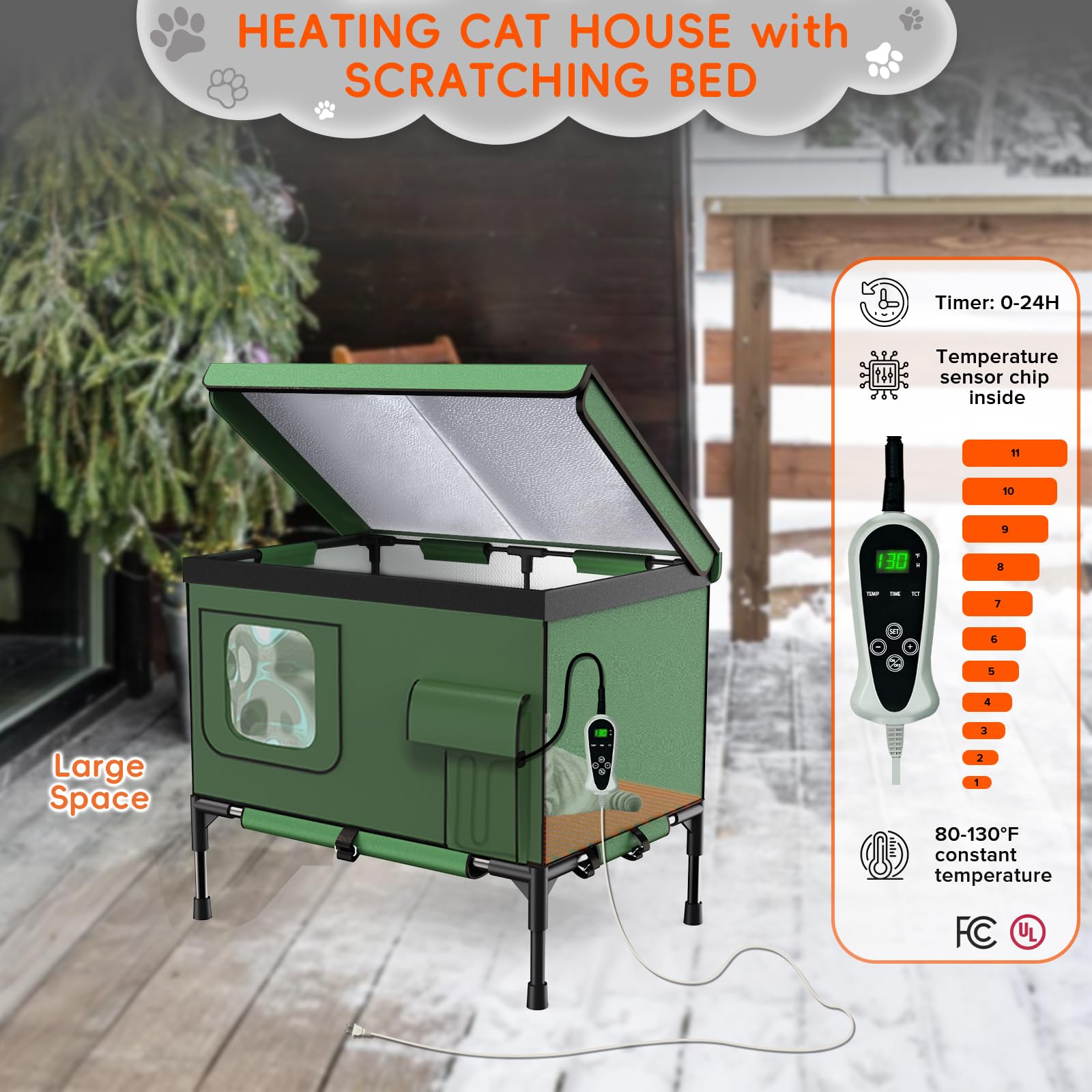 4-In-1 Heated Cat House For Outside With Heating Pad, Scratching Bed And Elevated Bed, Waterproof Windproof Tpu Rain Cover, Larg