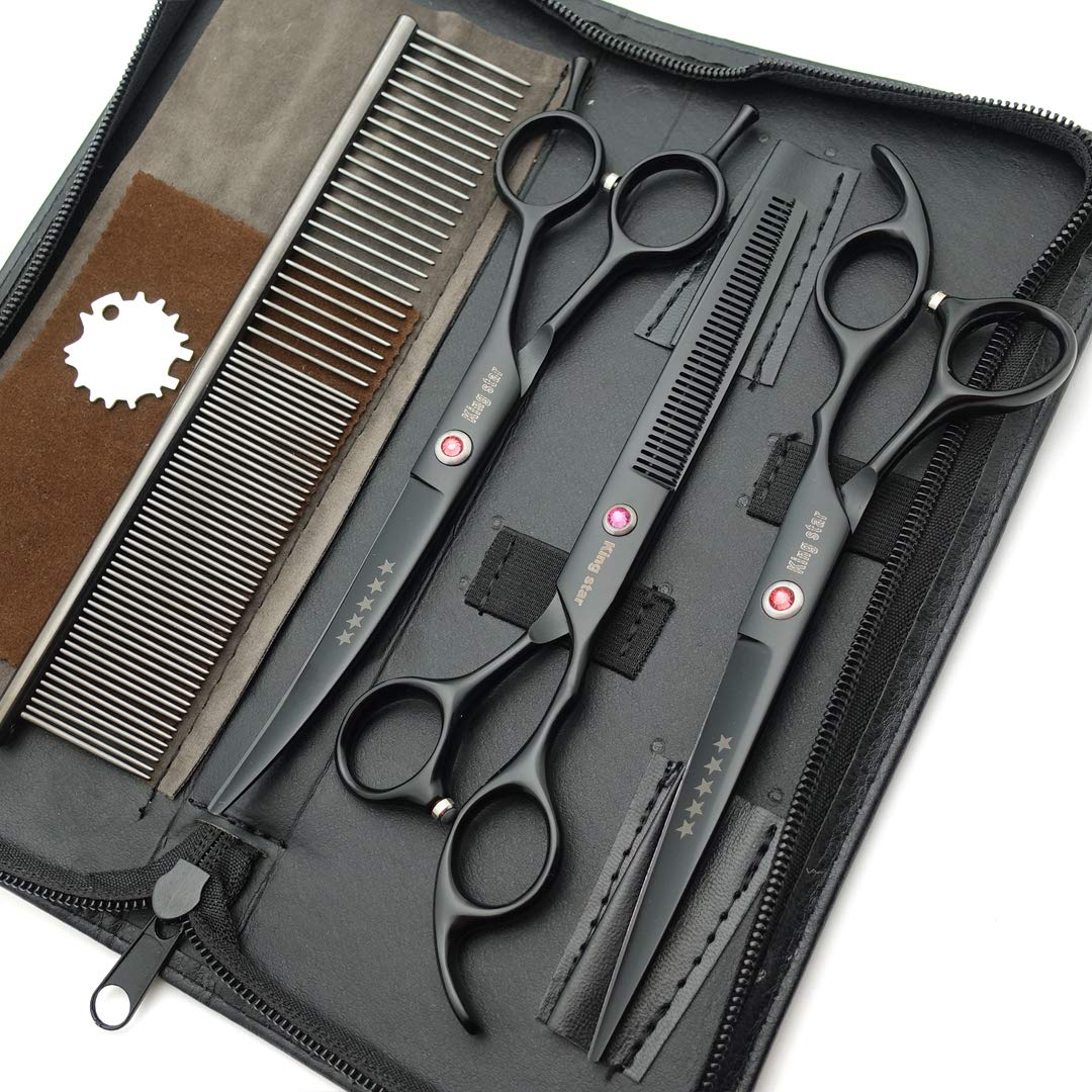 Kingstar 7.0In. Matt Black Professional Pet Grooming Scissors Set,Straight & Thinning & Curved Scissors Set With Comb Case A389