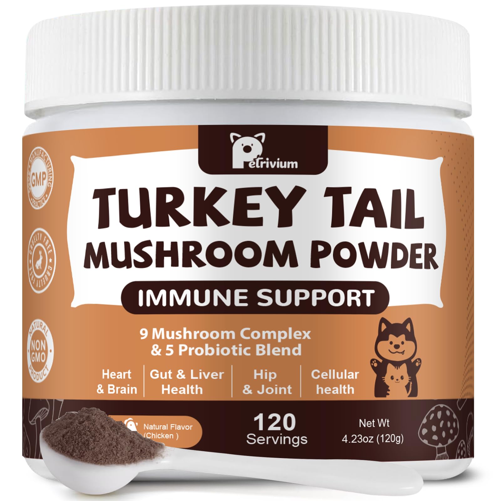 Mushroom Supplement with Probiotics for Dogs & Cats, Turkey Tail Mushroom for Pets - Mushroom Powder for Immune Boost & Overall 