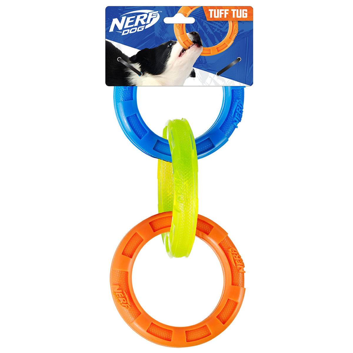 Nerf Dog 10.5In Rubber 3-Ring Tug Dog Toy, Lightweight, Durable And Water Resistant, Single Unit, Blue/Green/Orange