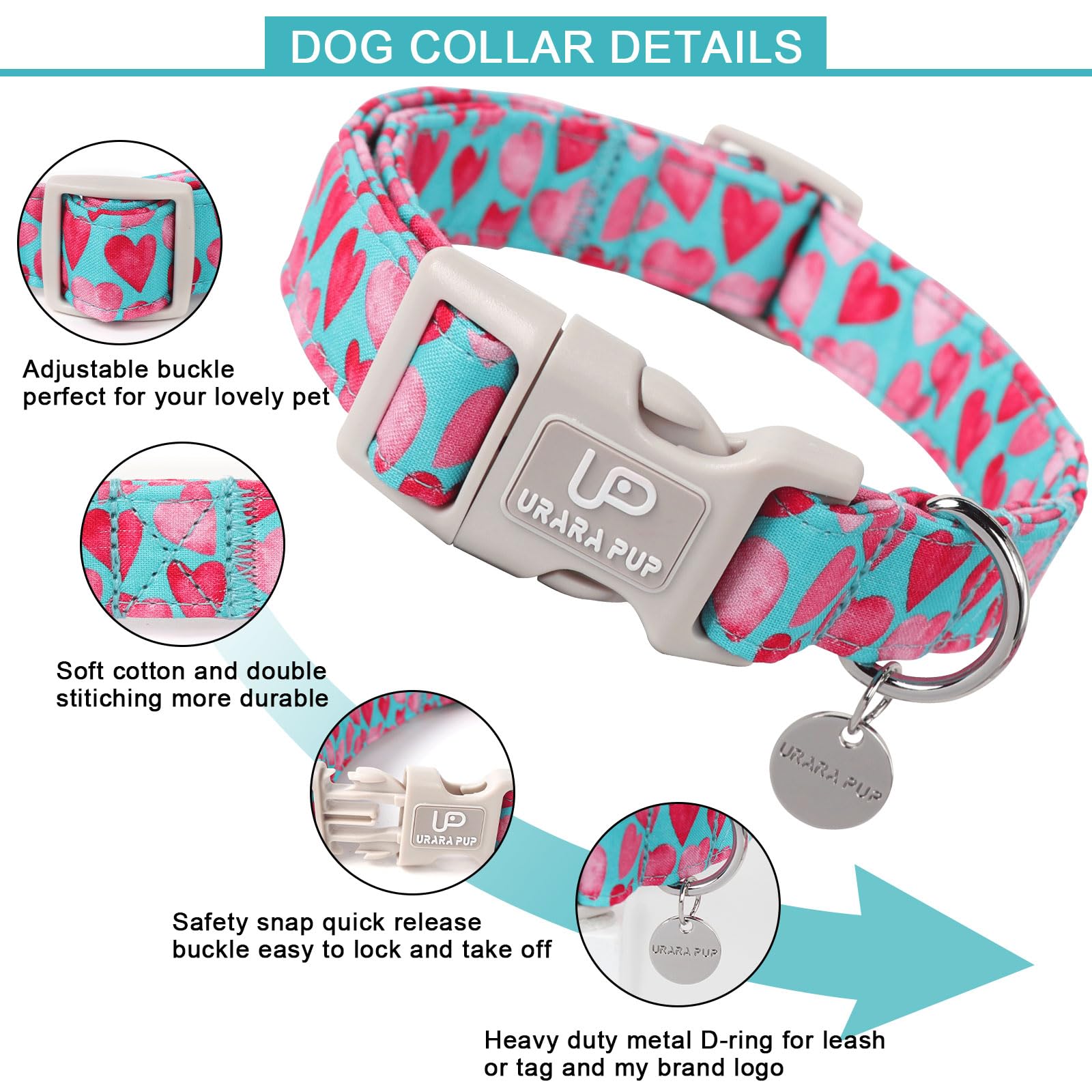 Up Urara Pup Pink Heart Dog Collar, Adjustable Size For Puppy Small Medium Dogs, Valentine'S Gift, Cotton Material, Unique Craft