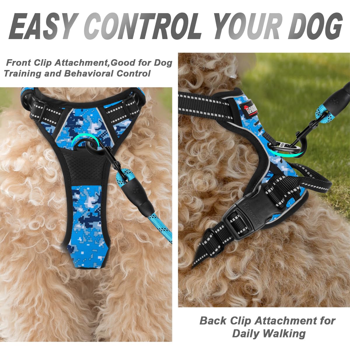 BARKBAY No Pull Dog Harness Front Clip Heavy Duty Reflective Easy Control Handle for Large Dog Walking(Blue camo,XS)