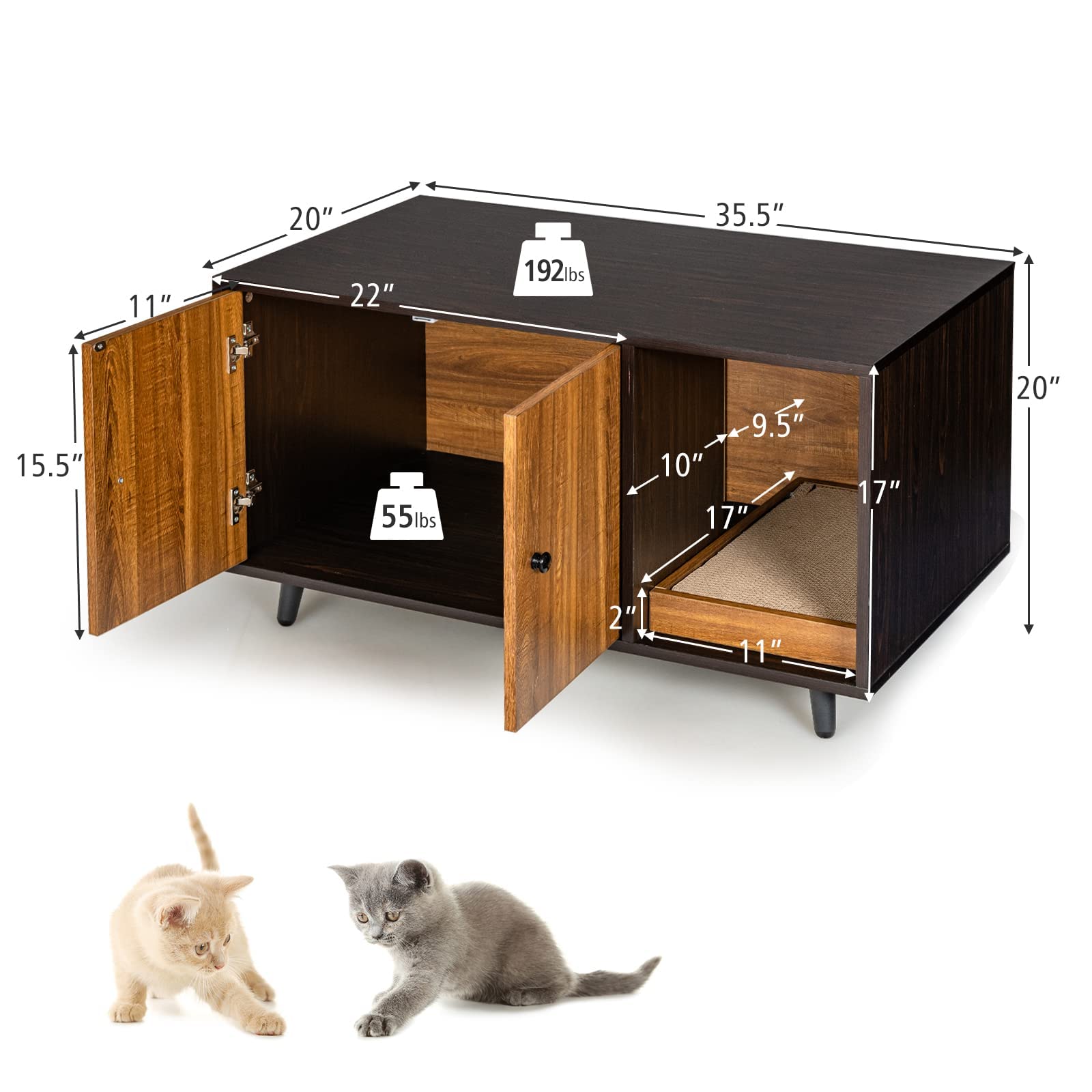 Petsite Cat Litter Box Enclosure, Wooden Hidden Cat Washroom Furniture With Divider & Cat Scratcher, Stackable Pet House End Table