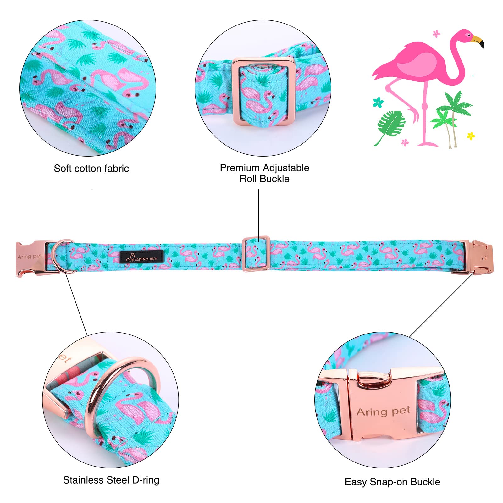 ARING PET Flamingo Dog Collar-Cotton Dog Collar with Bow, Adjustable Summer Bowtie Dog Collars Pet Collars with Metal Buckle