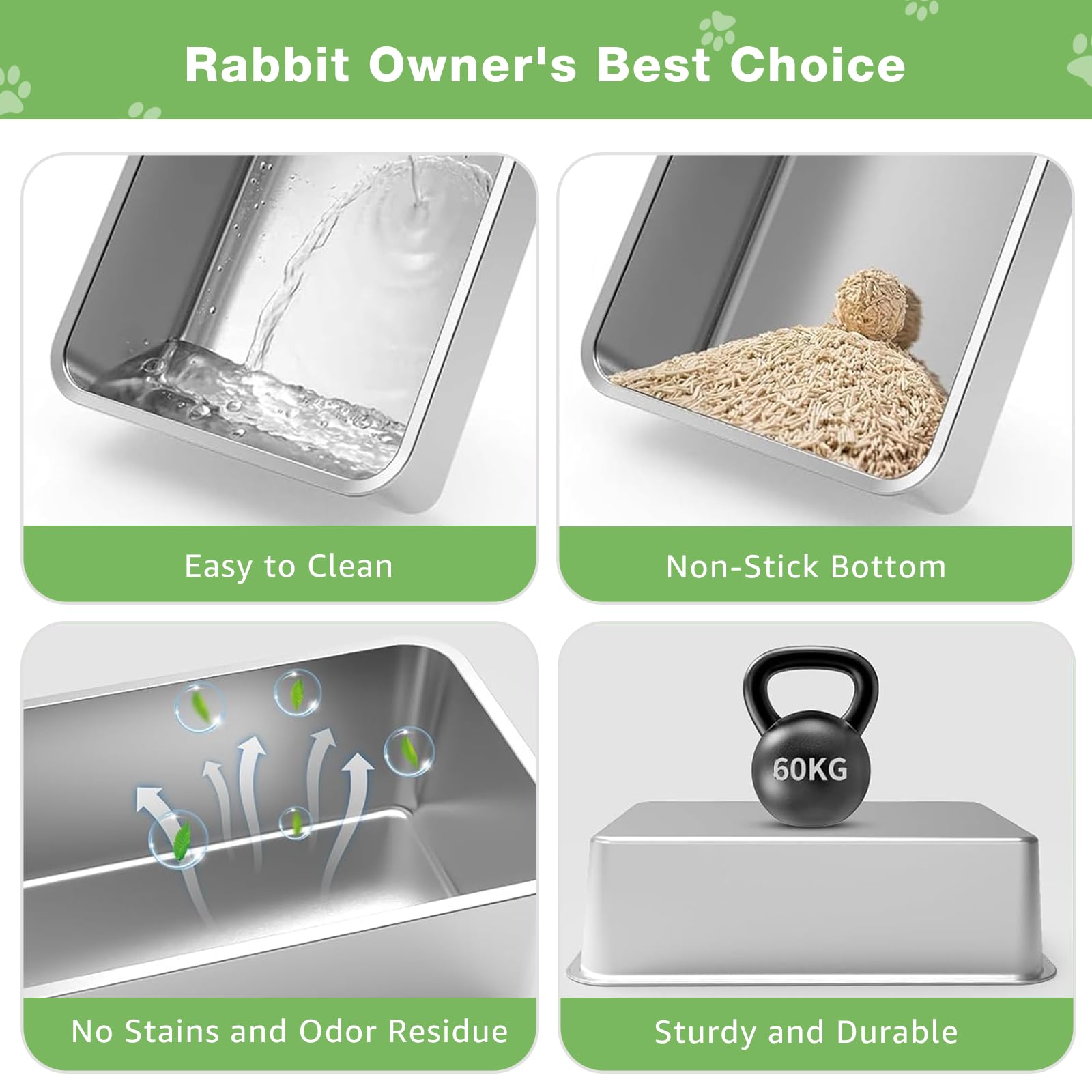 Zuqqony Rabbit Litter Box, Xl Stainless Steel Rabbit Litter Box With Lid, Hay Feeder With Hooks, Footed Metal Grid, Easy To Clea