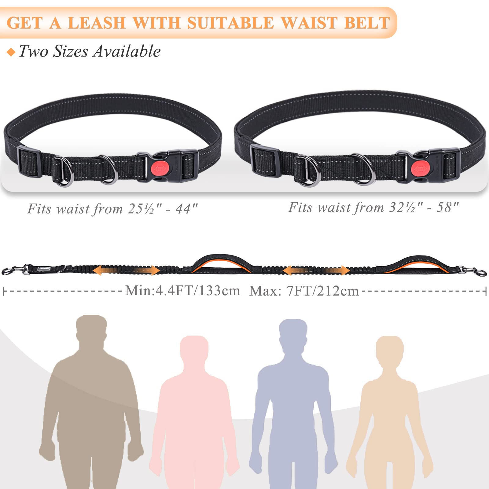 Vivaglory Hands Free Dog Leash With Dual Advanced Anti-Shock Bungees And Padded Handles, Reflective Waist Running Leash With Adjustable Belt For Training Jogging For Medium Large Dogs, Black/Orange