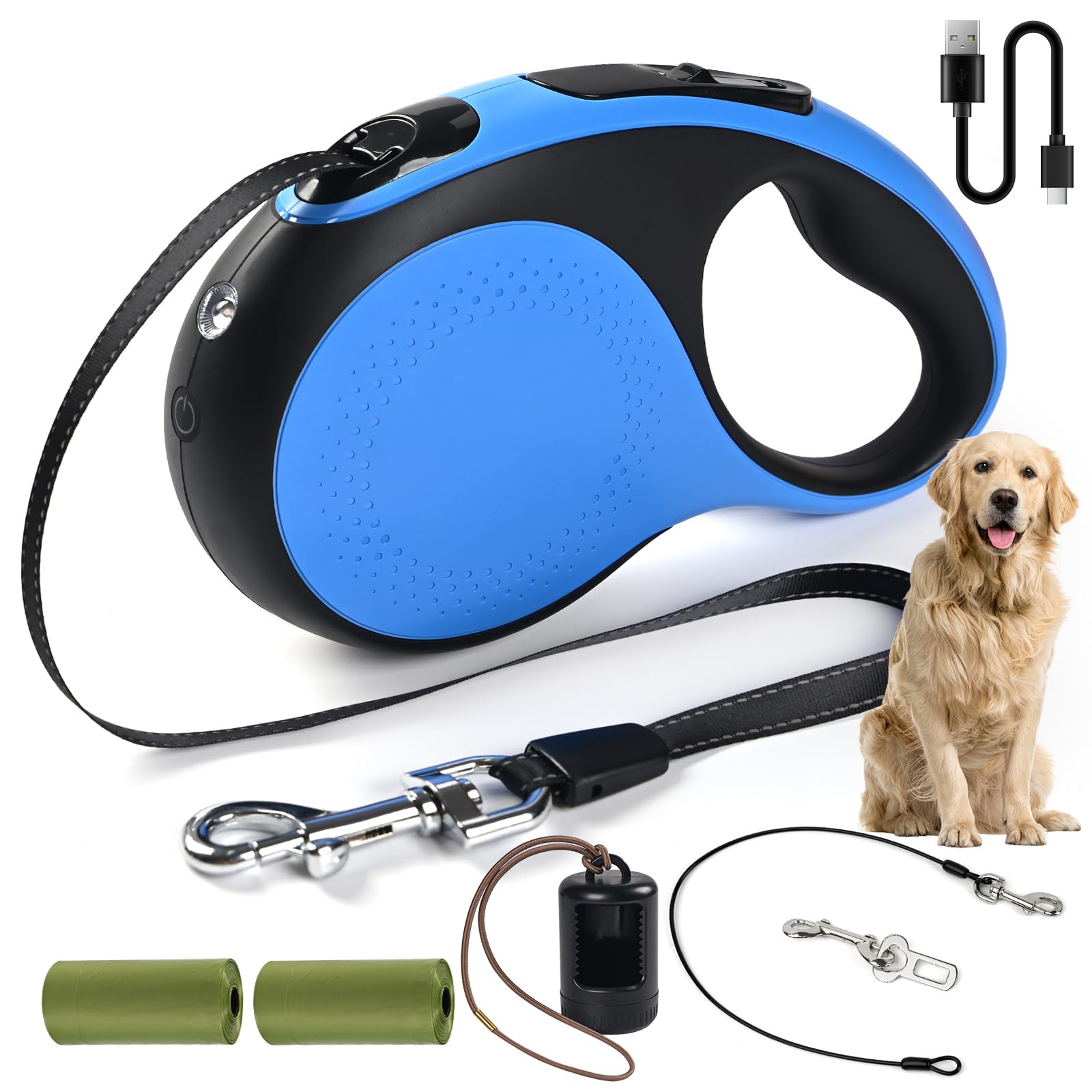 Odriew 16Ft Heavy Duty Retractable Dog Leash With Chew Proof Cable-For Dog Up To 110Lbs, With Rechargeable Led Light, Dispenser,