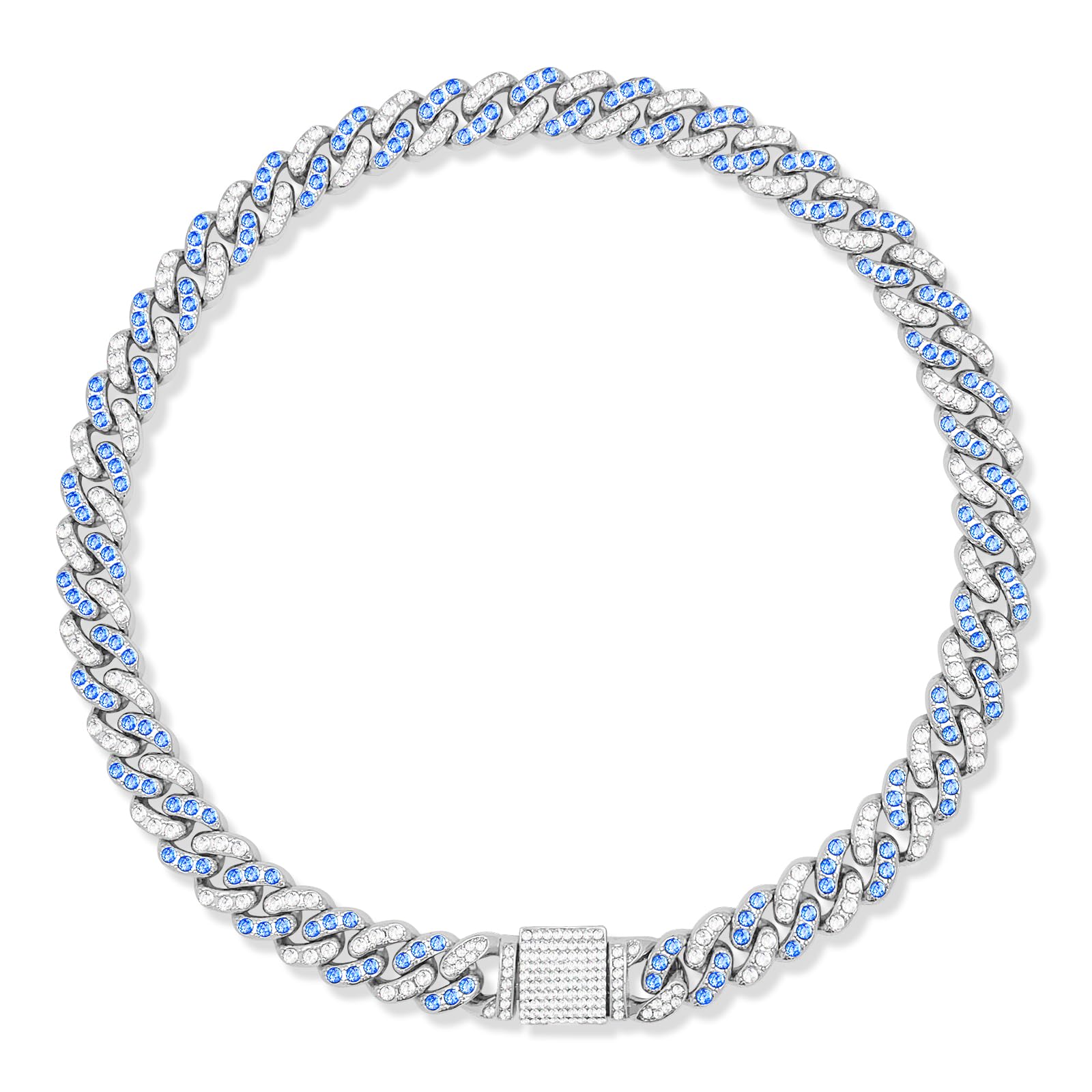 Wimupath Silver-Plated Blue Diamond Dog Collar - Cuban Style Metal Chain With Secure Buckle, Luxury Durable Collar For Small/Med