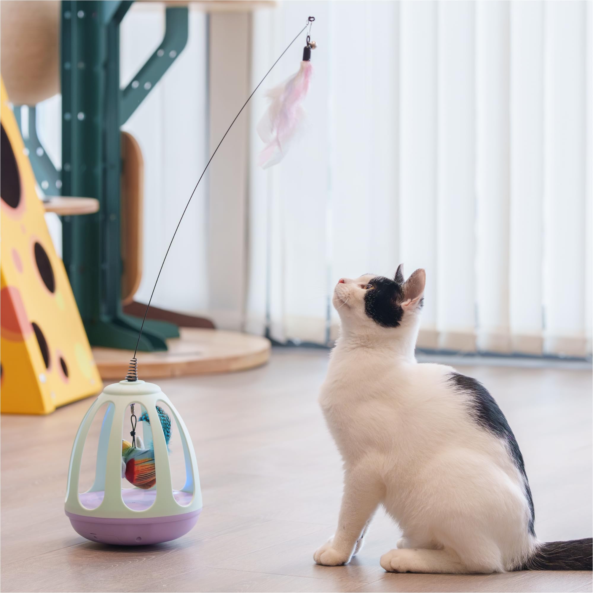 Interactive Automatic Cat Wand Toy - Kitten Feather Toys For Bored Indoor Cats With Simulated Chirping Bird In Cage, Upgraded Pe