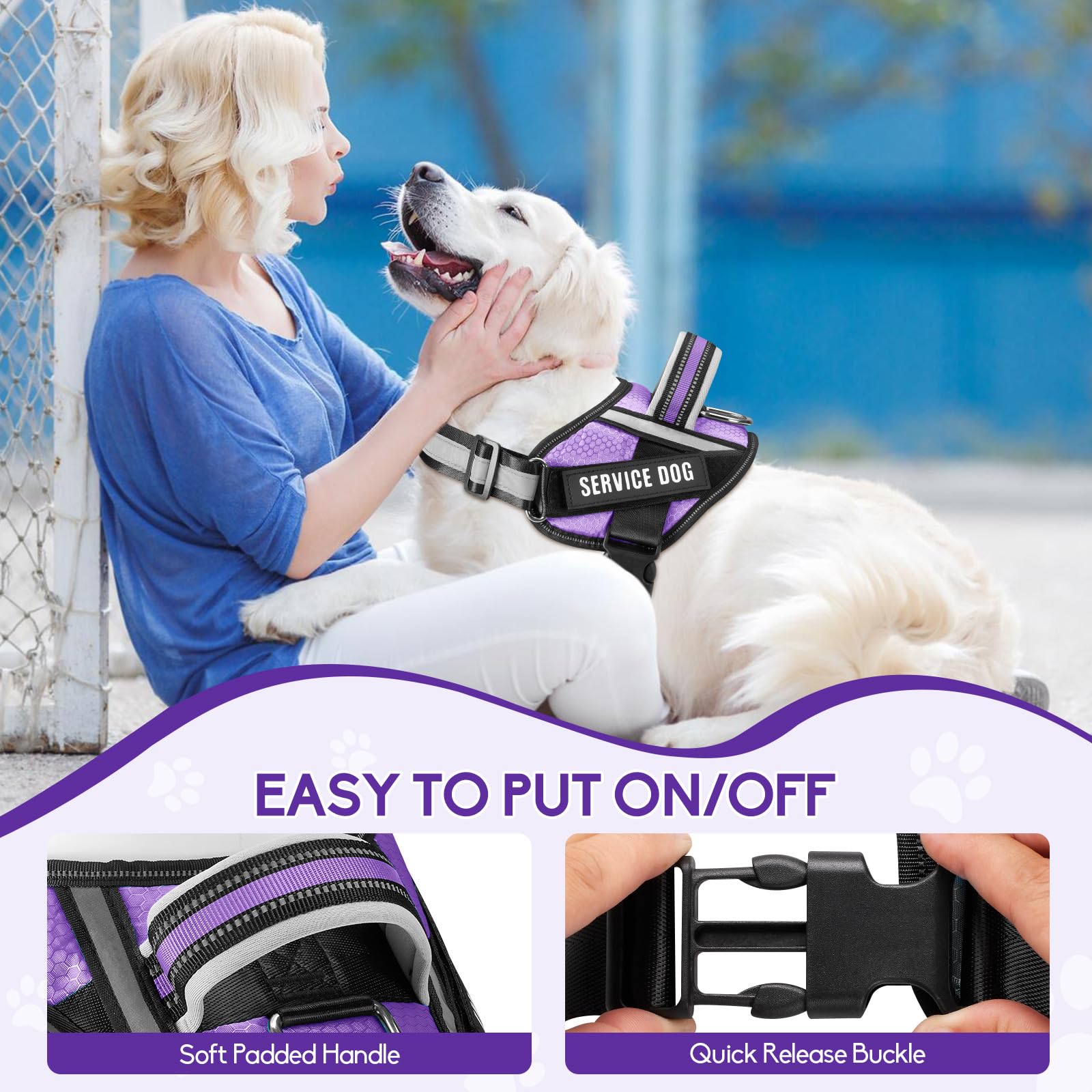 Animire Service Dog Harness and Leash Set, XS, Purple, with 10 Patches, Reflective, for Small Dogs