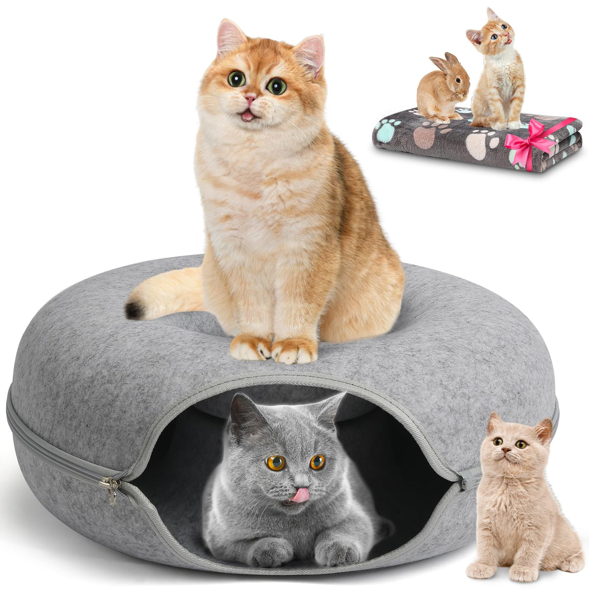 Homagico Peekaboo Cat Cave & Tunnel Bed - Detachable Donut Tunnel, Cat Blanket, Scratching & Hiding Nest For Indoor Cats Up To 8