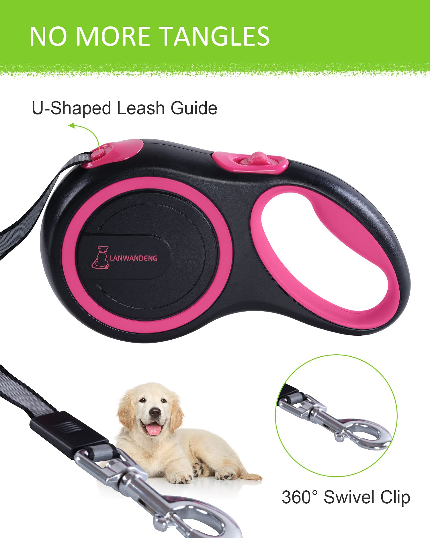 Lanwandeng 26FT Heavy Duty Retractable Dog Leash, Pink, 2 Chew Proof Ropes, 360° Tangle-Free, Anti-Slip Handle for All Dog Sizes
