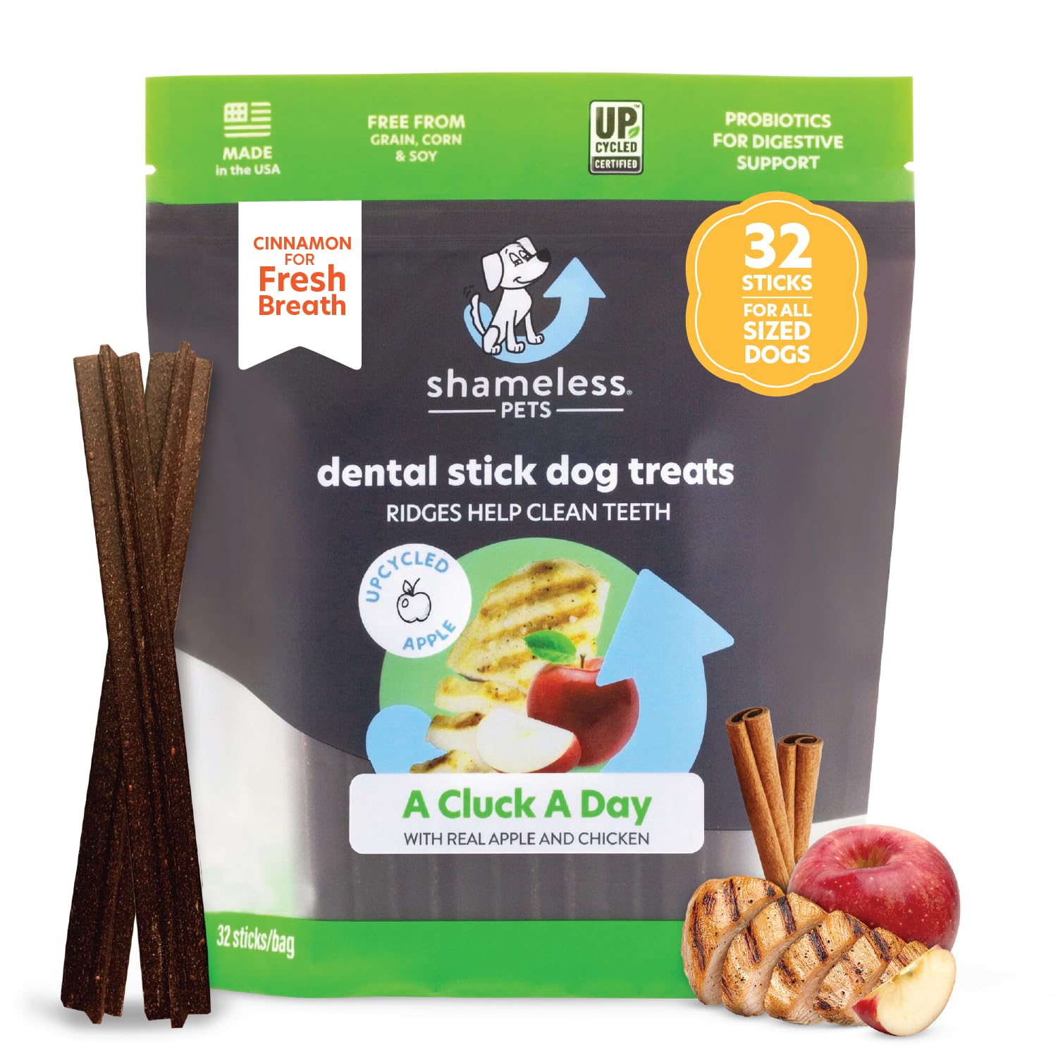 Shameless Pets Dental Treats for Dogs, A Cluck A Day (32 Sticks) - Dental Sticks with Digestive Support for Teeth Cleaning & Fre