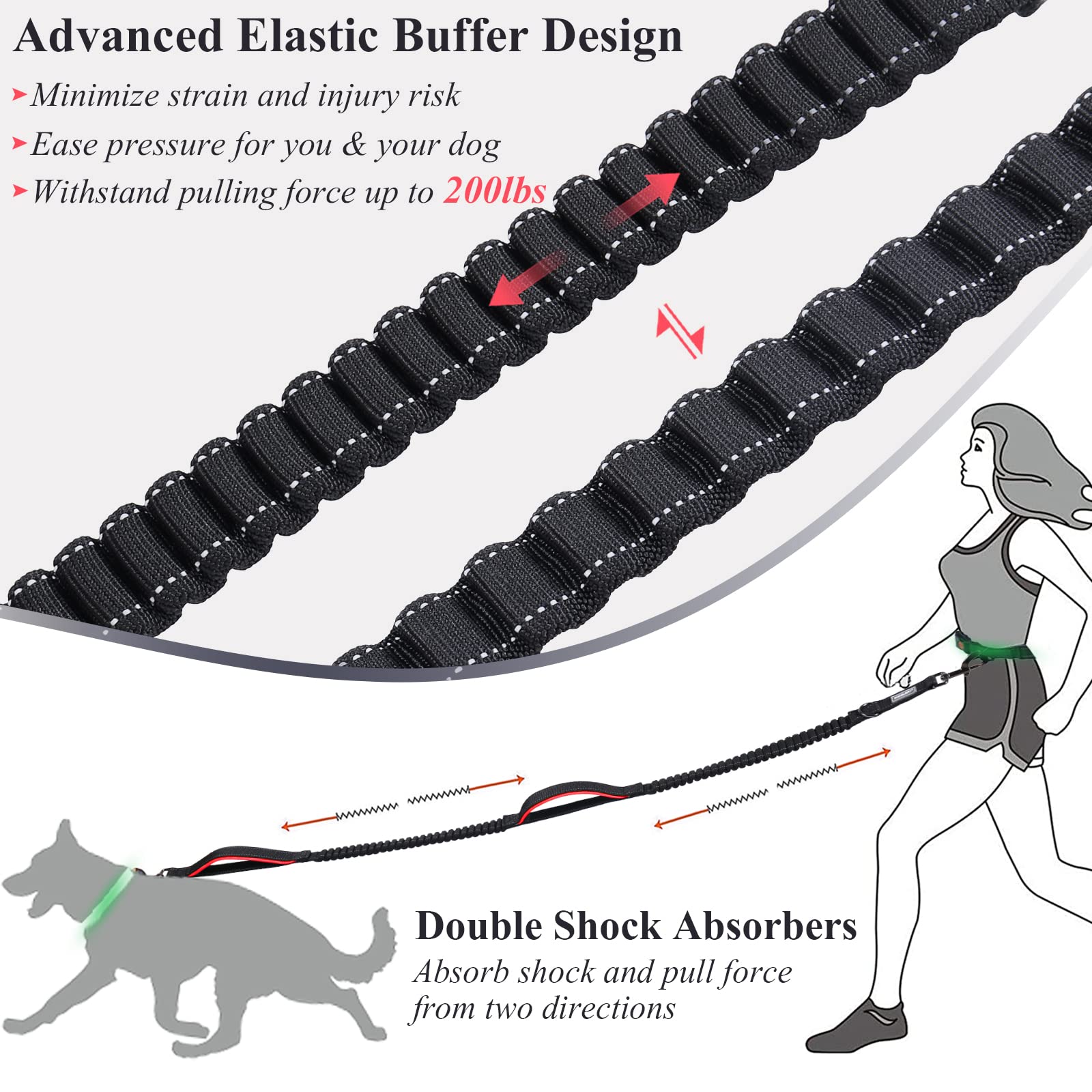 Vivaglory Hands Free Dog Running Leash With Dual Advanced Anti-Shock Bungees And Padded Handles, Reflective Waist Jogging Leash With Adjustable Belt For Training For Medium Large Dogs, Black/Red