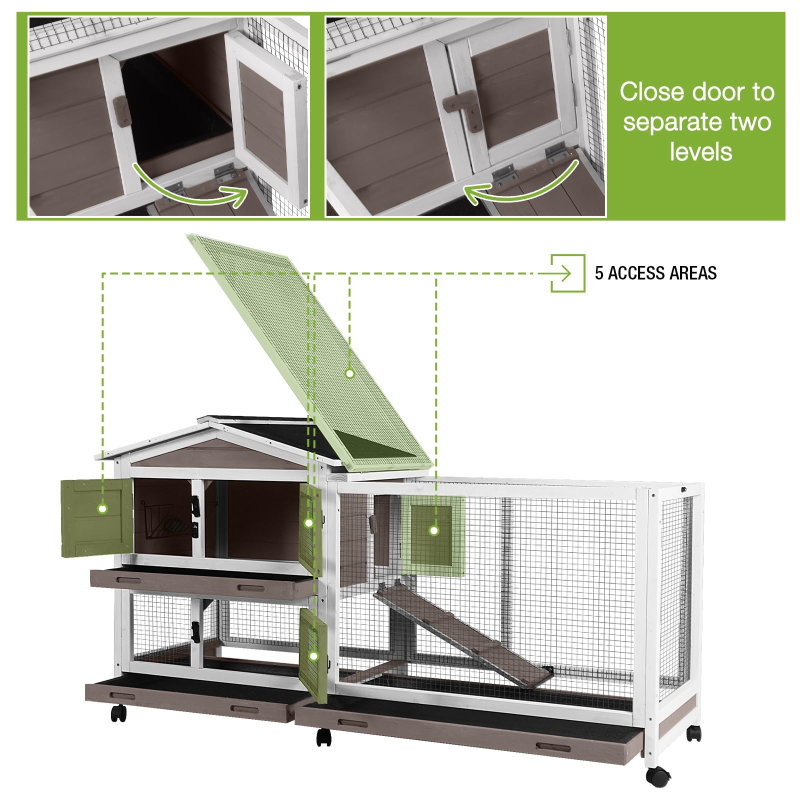 Gutinneen Rabbit Hutch Indoor With Chew-Proof Ramp, 62'' L Wooden Rabbit Cage With 6 Casters, Bunny Cage With 2 Trays And 2 Stor