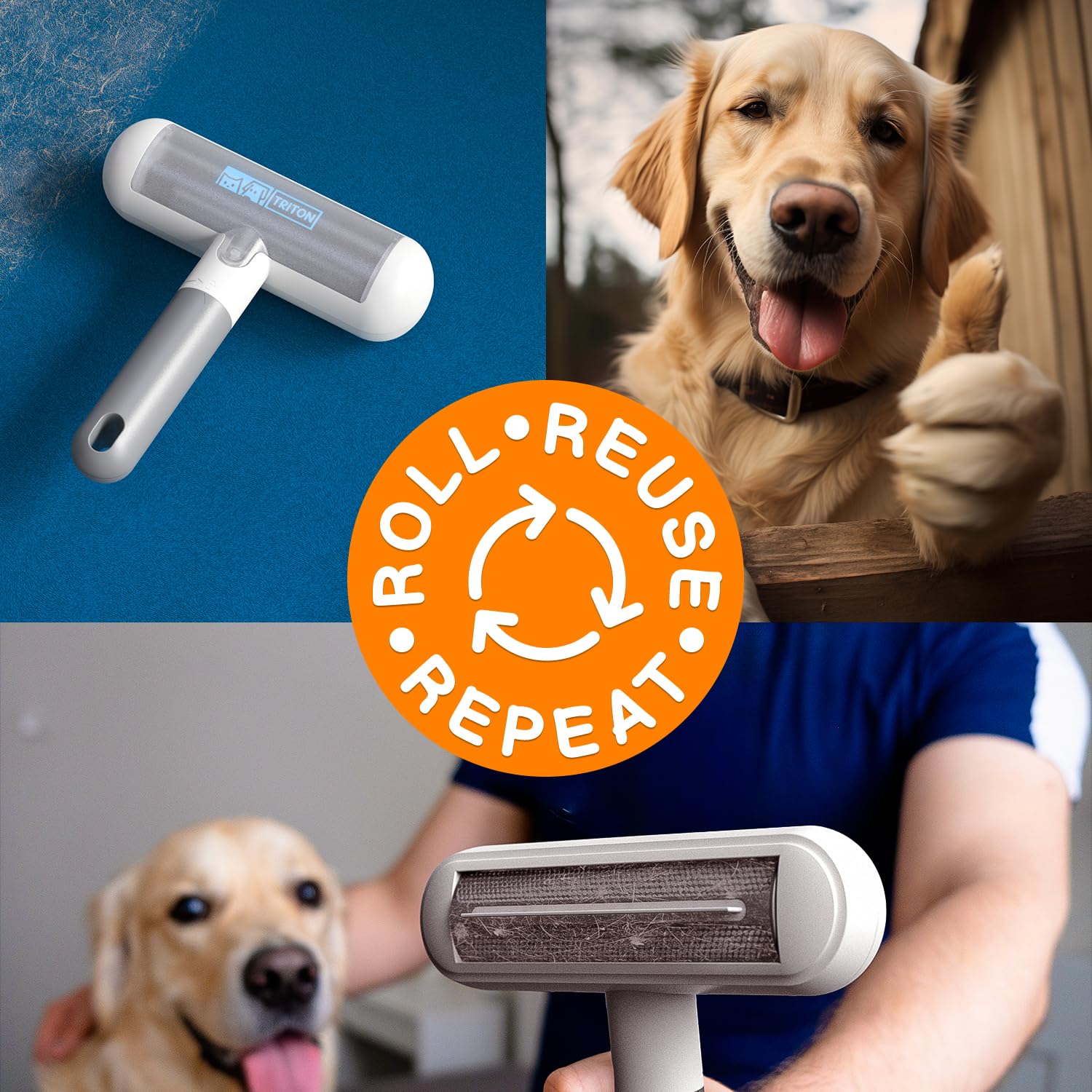 Triton Pet Hair Remover Tool - Travel Size, Detachable Handle, Gray/White, Fur Trapping Compartment, Reusable for Cats & Dogs