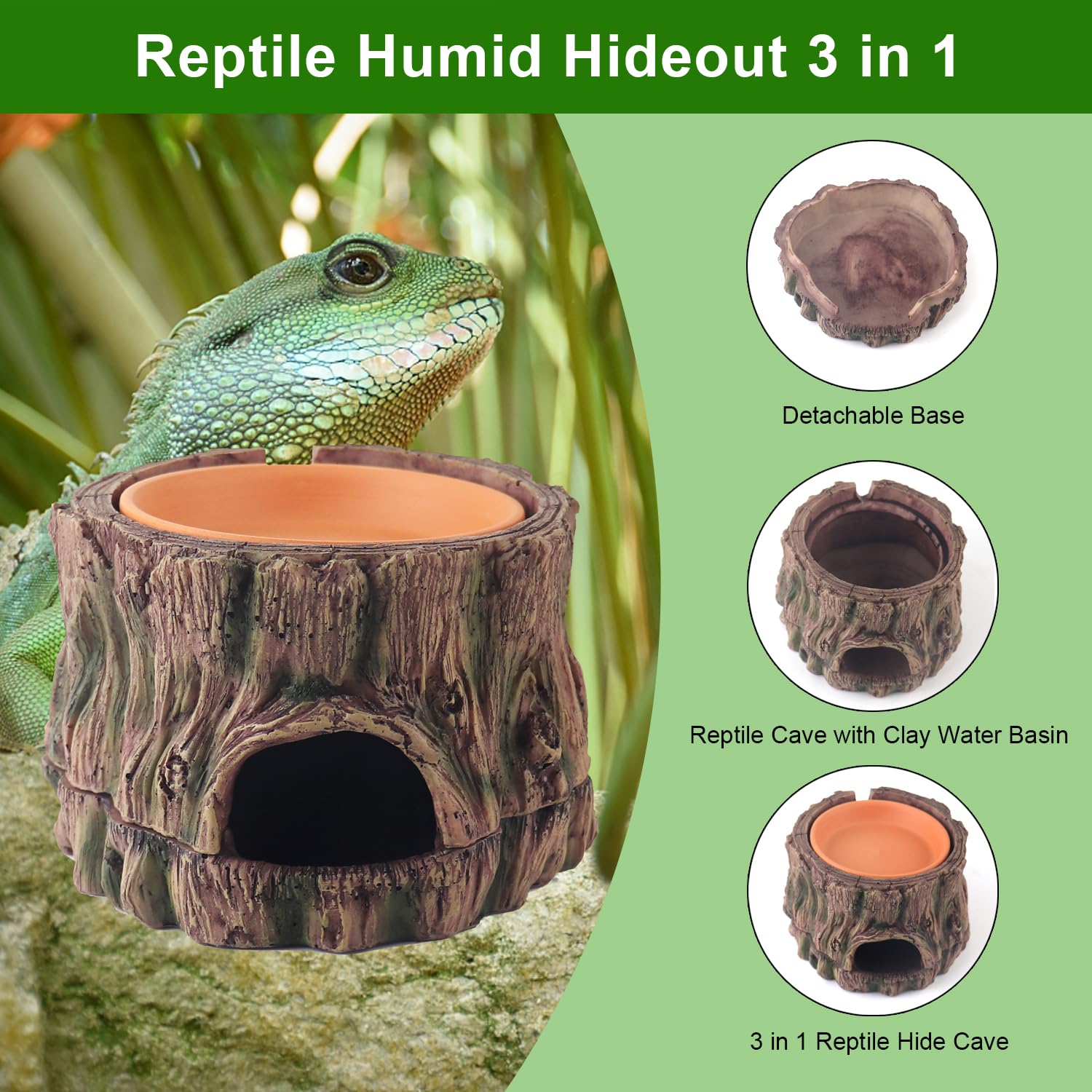 SORWATEE 3 in 1 Reptile Hide Cave with Humidifying Basin & Detachable Base, Terrarium Tank Decor Moisture Keeping Hideout Cave f