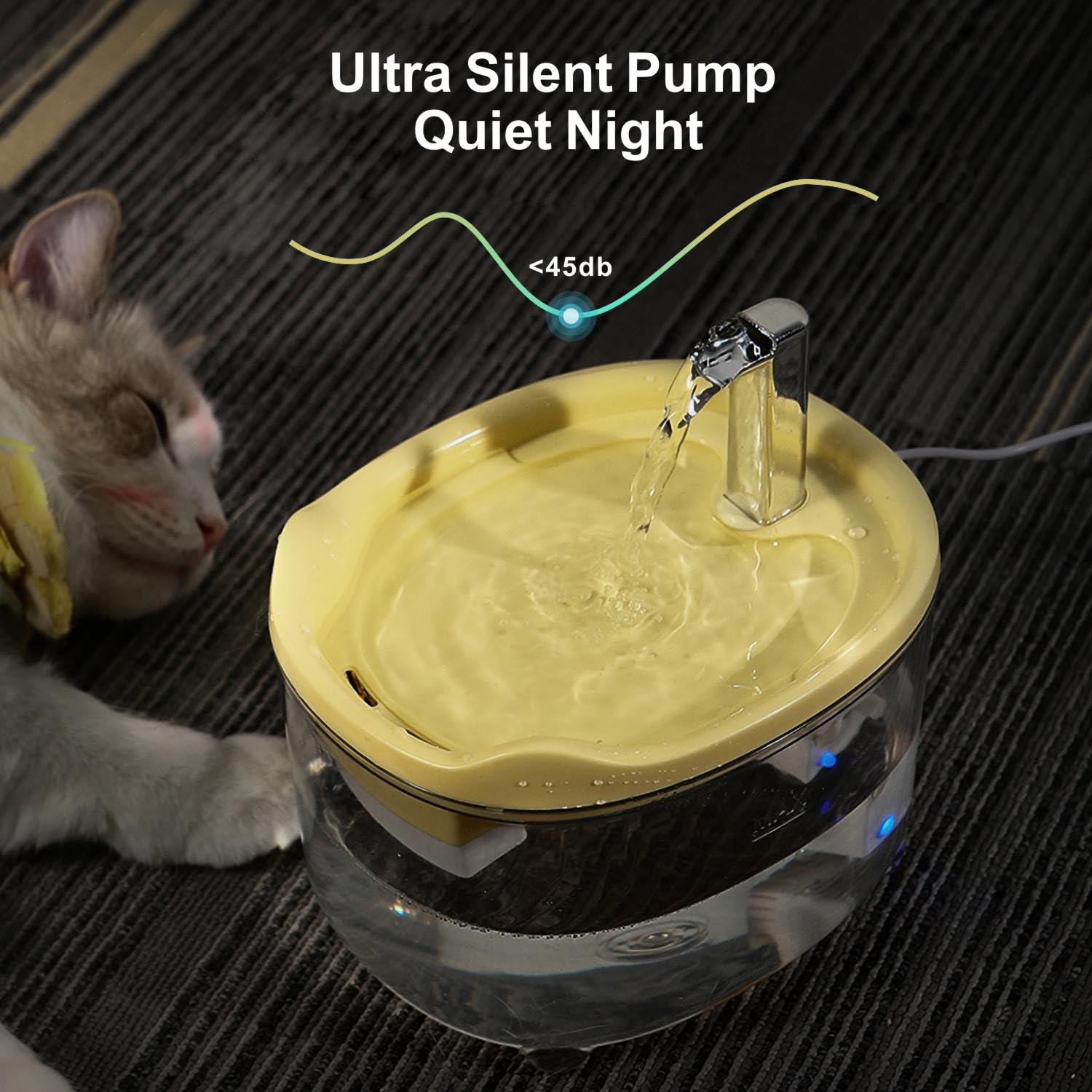 Hooyeatlin Cat Water Fountain, 50oz Automatic Pet Dispenser, Silent Pump, Clear & Yellow, Ideal for Cats and Dogs