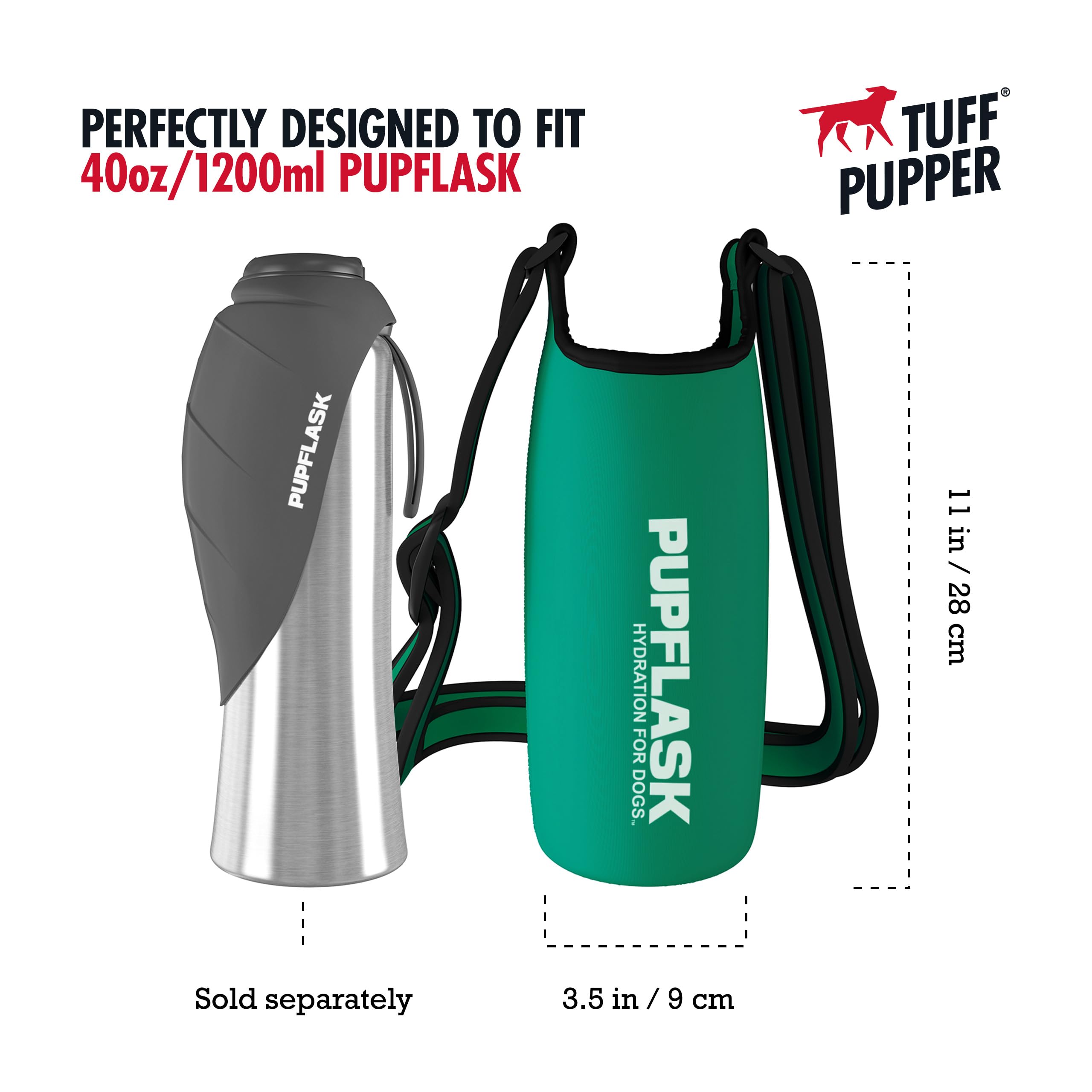 Tuff Pupper Pupflask Insulated Neoprene Dog Water Bottle Holder Sling With Wide Adjustable Shoulder Strap, Great For Travel, Walking, Hiking, Portable Pet Water Bottle Holder (40 Oz, Quetzal Green)