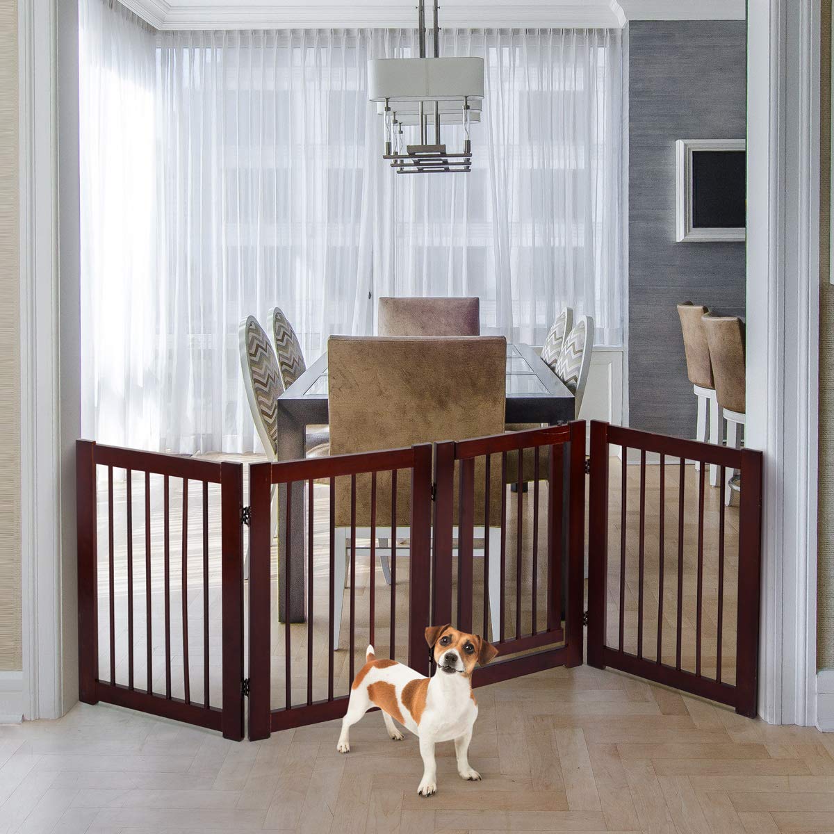 Petsite Pet Gate With Walk Through Door, 4 Panel Pet Fence Indoor, 80 Inches Extra Wide Freestanding Dog Gates For House, Stairs, Doorways