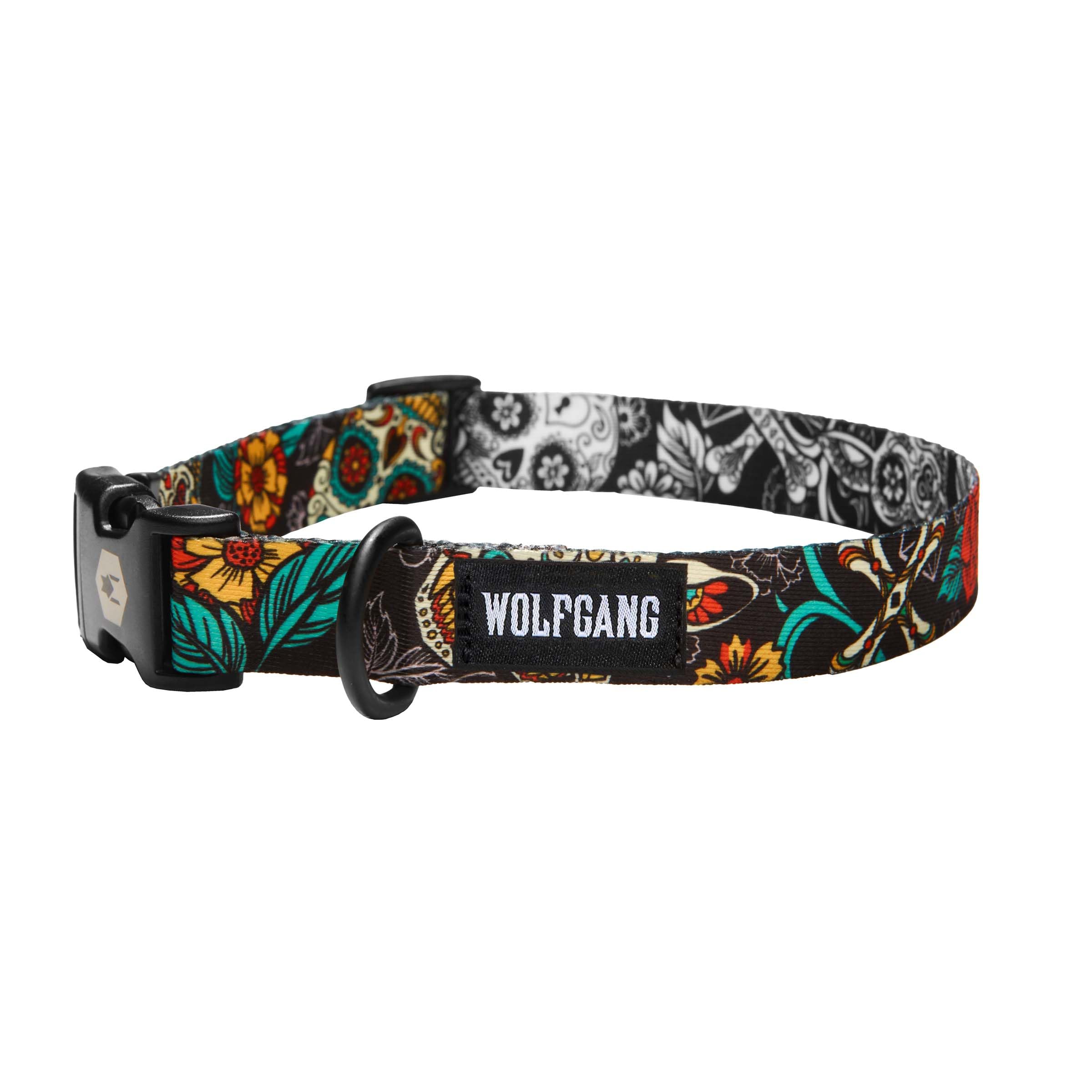 Wolfgang Heavy Duty, Adjustable Dog Collar with Quick Release Nylon Buckle for Walking & Training, LosMuertos Print, Medium