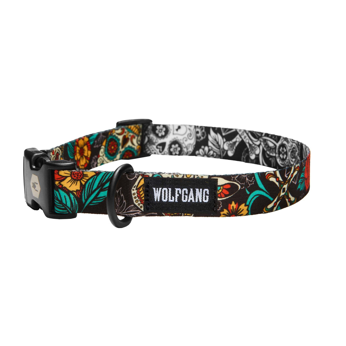 Wolfgang Heavy Duty, Adjustable Dog Collar with Quick Release Nylon Buckle for Walking & Training, LosMuertos Print, Medium