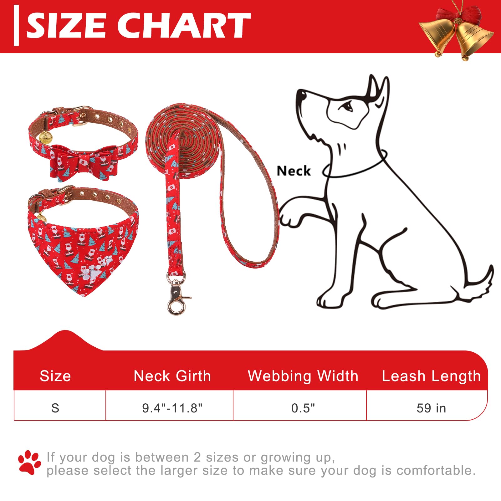 Expawlorer Christmas Collar And Leash Set - Embroidery Pawprints With Bow Tie, Bandana, Bell For Dogs Cats Outdoor Walking, Red