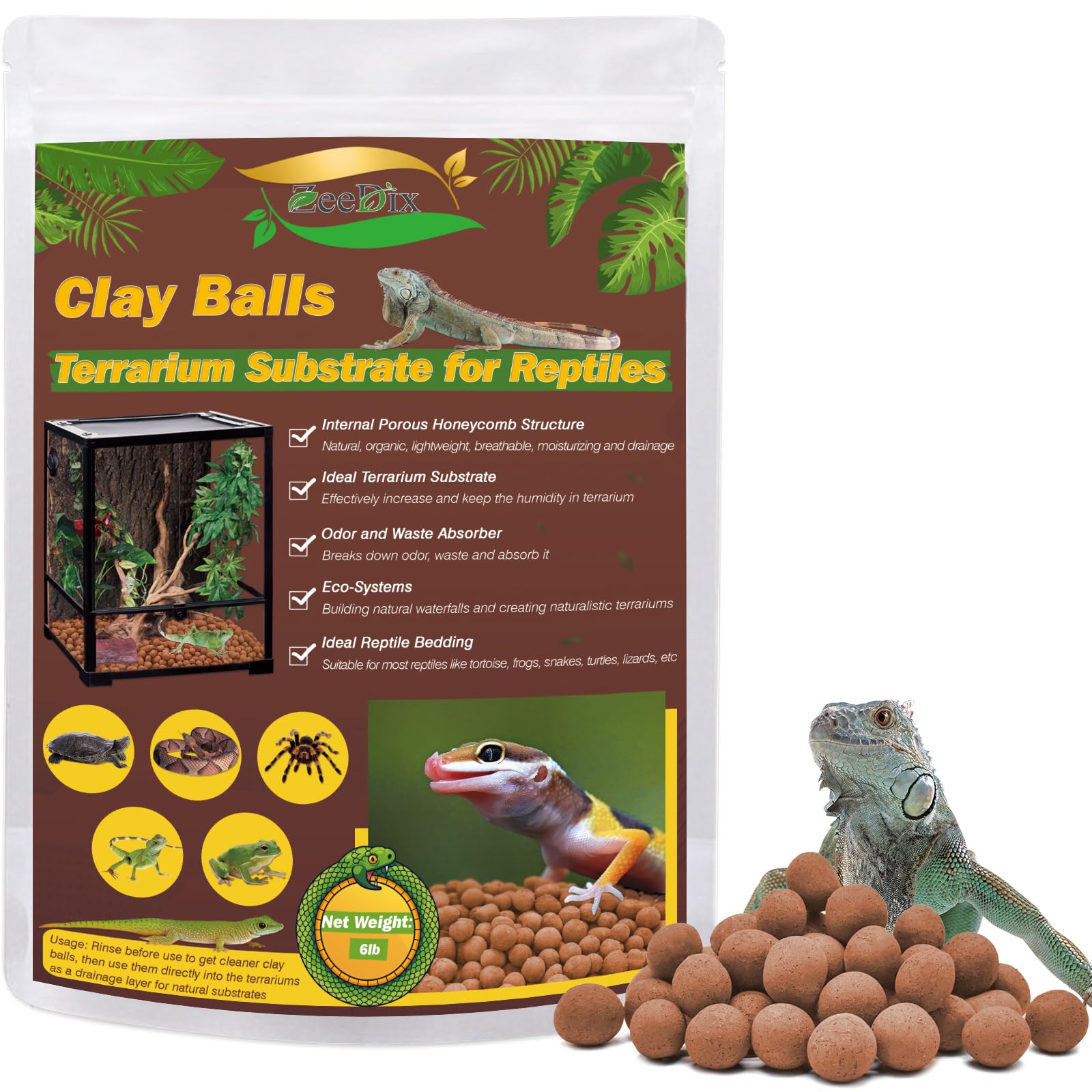 Zeedix 6Lbs Expanded Clay Balls For Reptile Terrarium Substrate - 100% Natural Lightweight Clay Pebbles Substrate, Bioactive Ter
