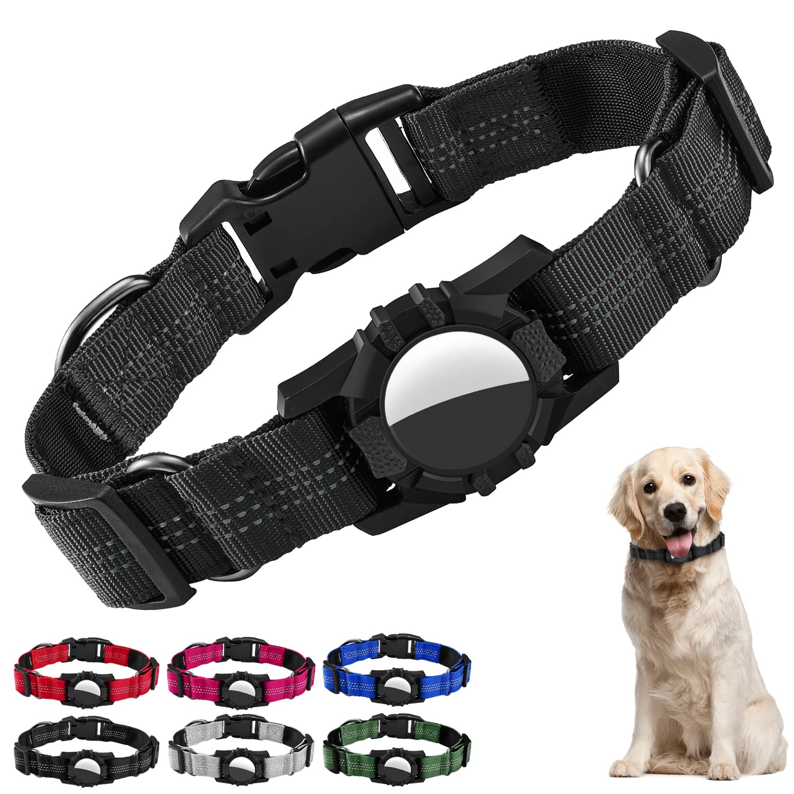 Dog Collar for Airtag, Reflective Adjustable Pet Collar for Apple AirTags, Soft Nylon Dog Collars with Air Tag Holder Case, Dura