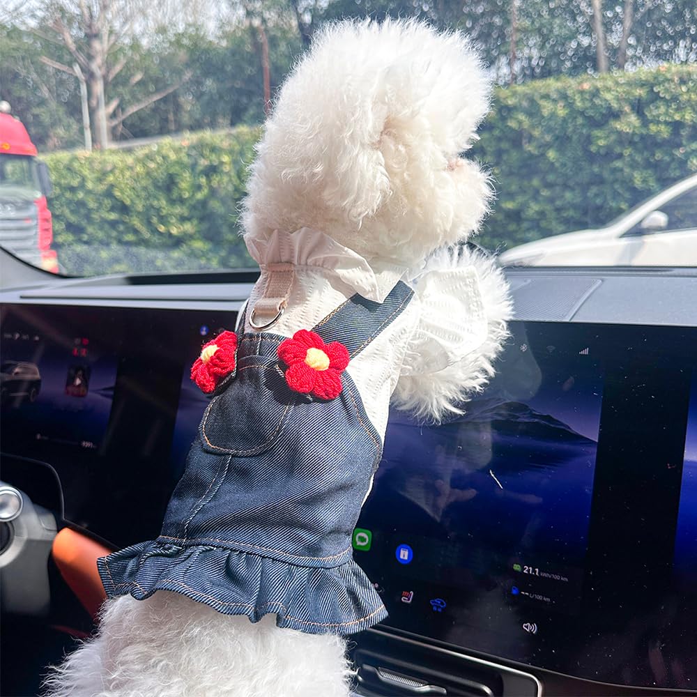 Aniac Denim Small Puppy Dress 3D Flowers Girl Dog Clothes With D-Ring And Pocket Female Cat Harness Dresses Cute Shih Tzu Yorkie