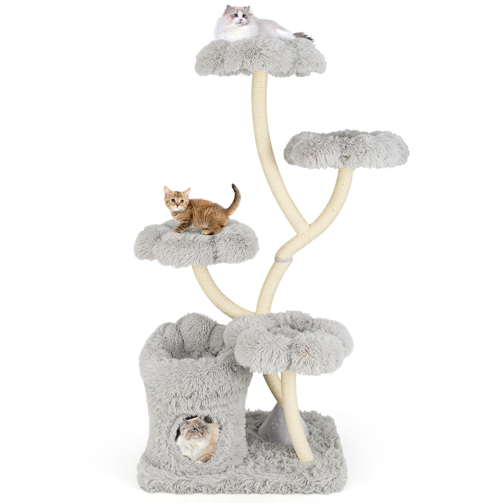 Tangkula Cat Tree Tower, 65 Inch Tall Cat Tower with Sisal Scratching Posts, Flower-Shaped Platforms, Padded Cat Condo, Modern C
