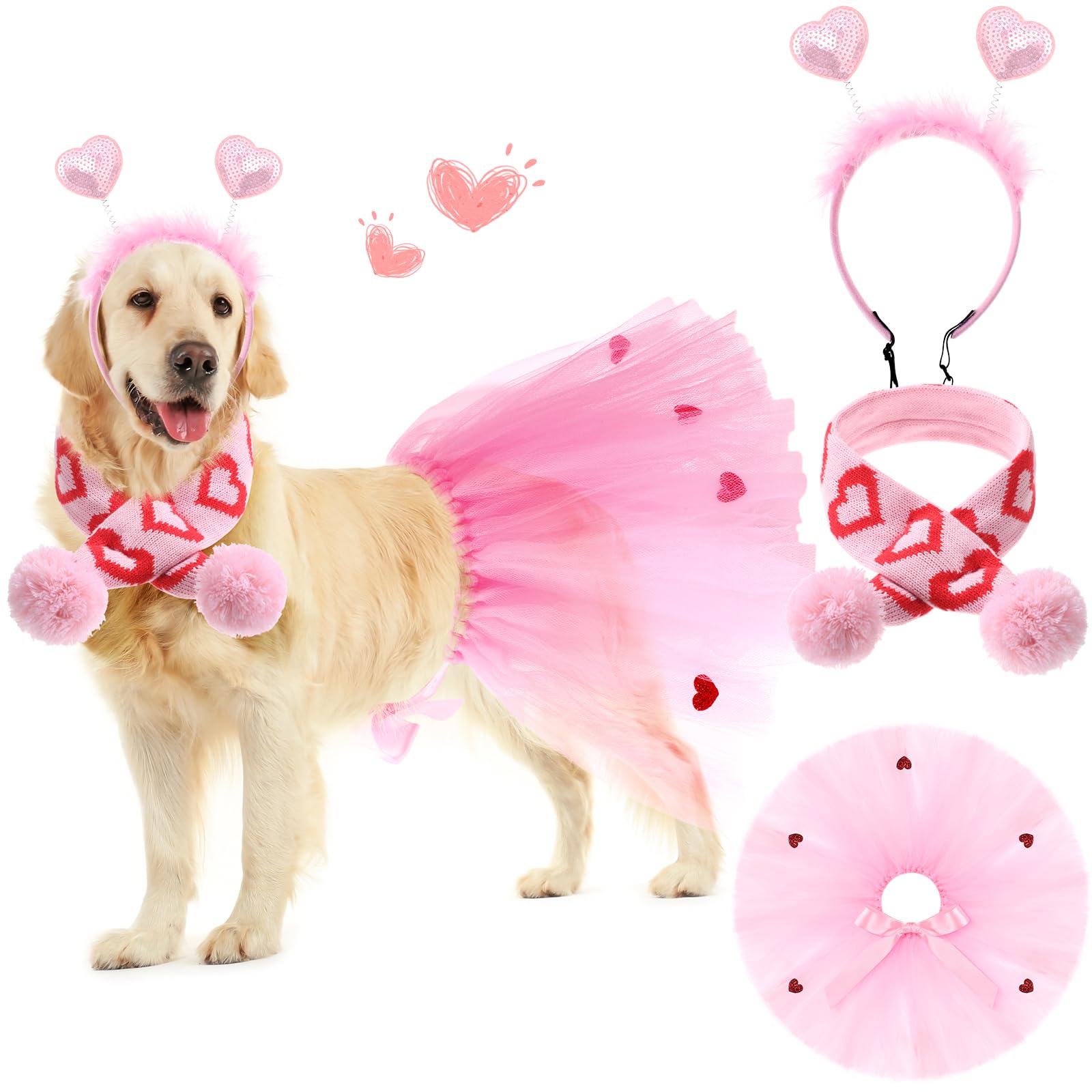 Siltriangle 3 Pcs Valentine'S Day Dog Costume Set Including Pink Valentines Love Headband Valentines Dog Tutu Dress Cute Pet Tut