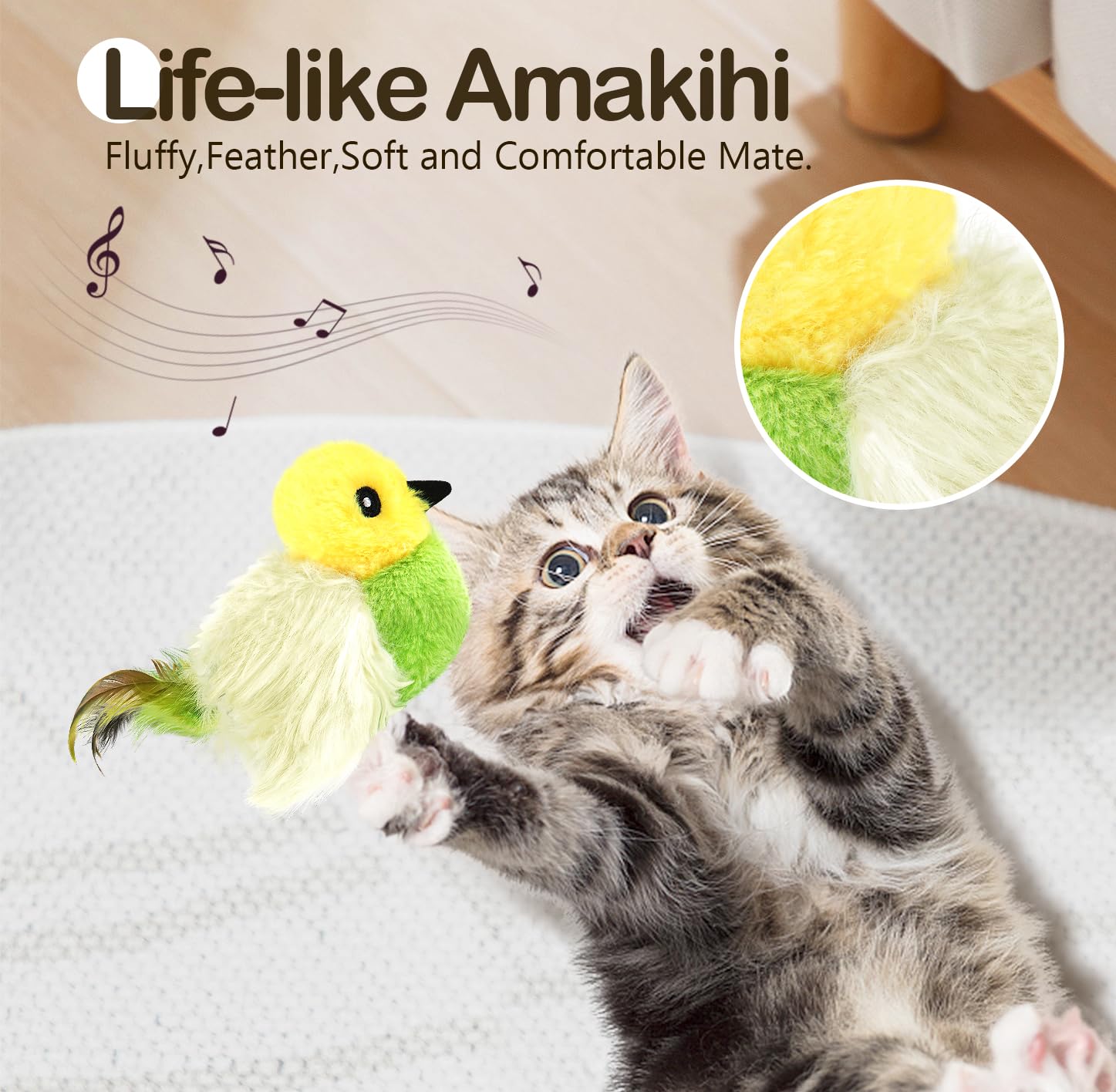 Migipaws Cat Toys,Interactive Lifelike Amakihi Flying Flapping Bird With Catnip, Feathers Hanging By Elastic String, Automatic C