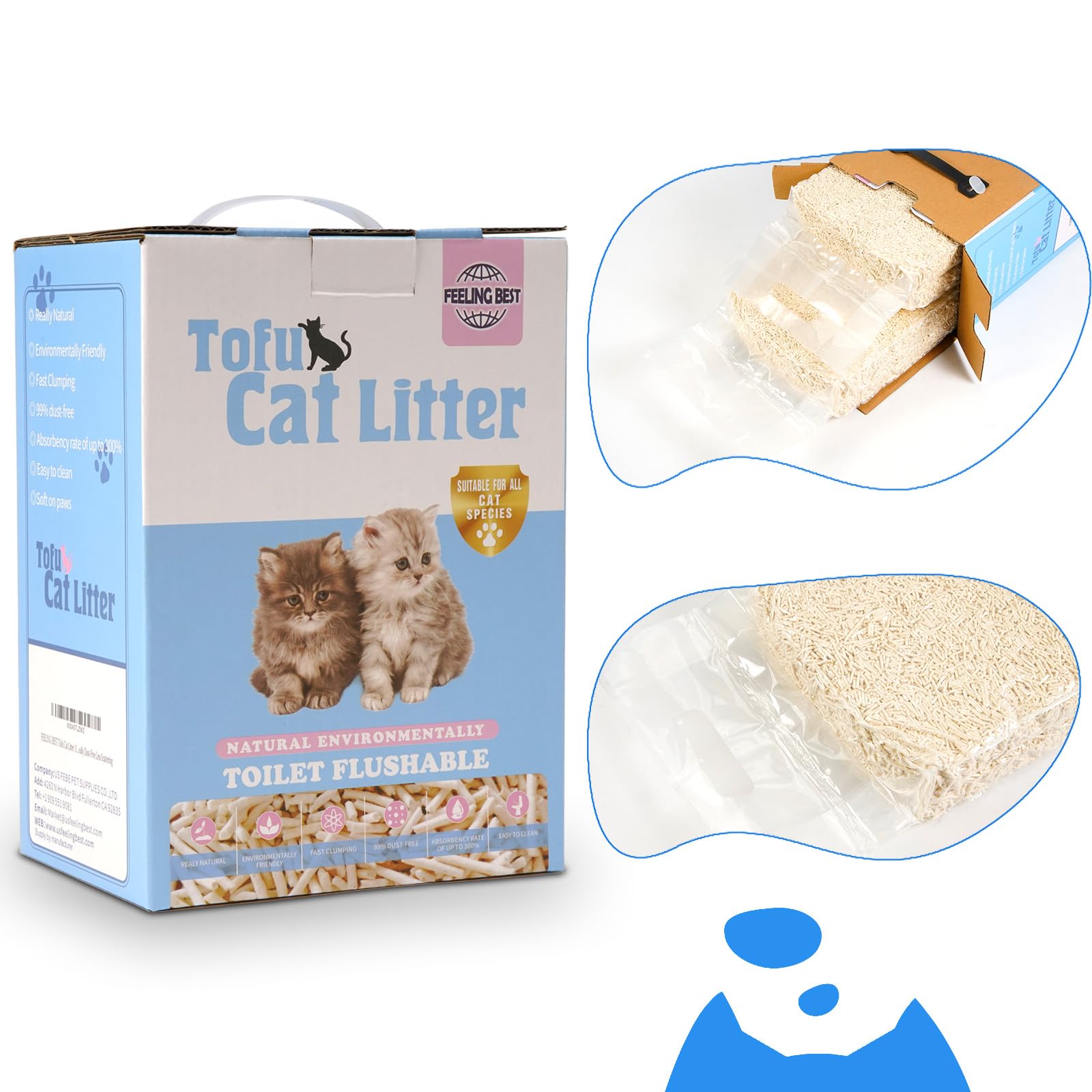 Feeling Best Tofu Cat Litter 11.2Lb(5.6Lb  2Bag) Clumping, 100% Natrual Raw Materials, Clumping,Flushable,Ultra Absorbent And Fa