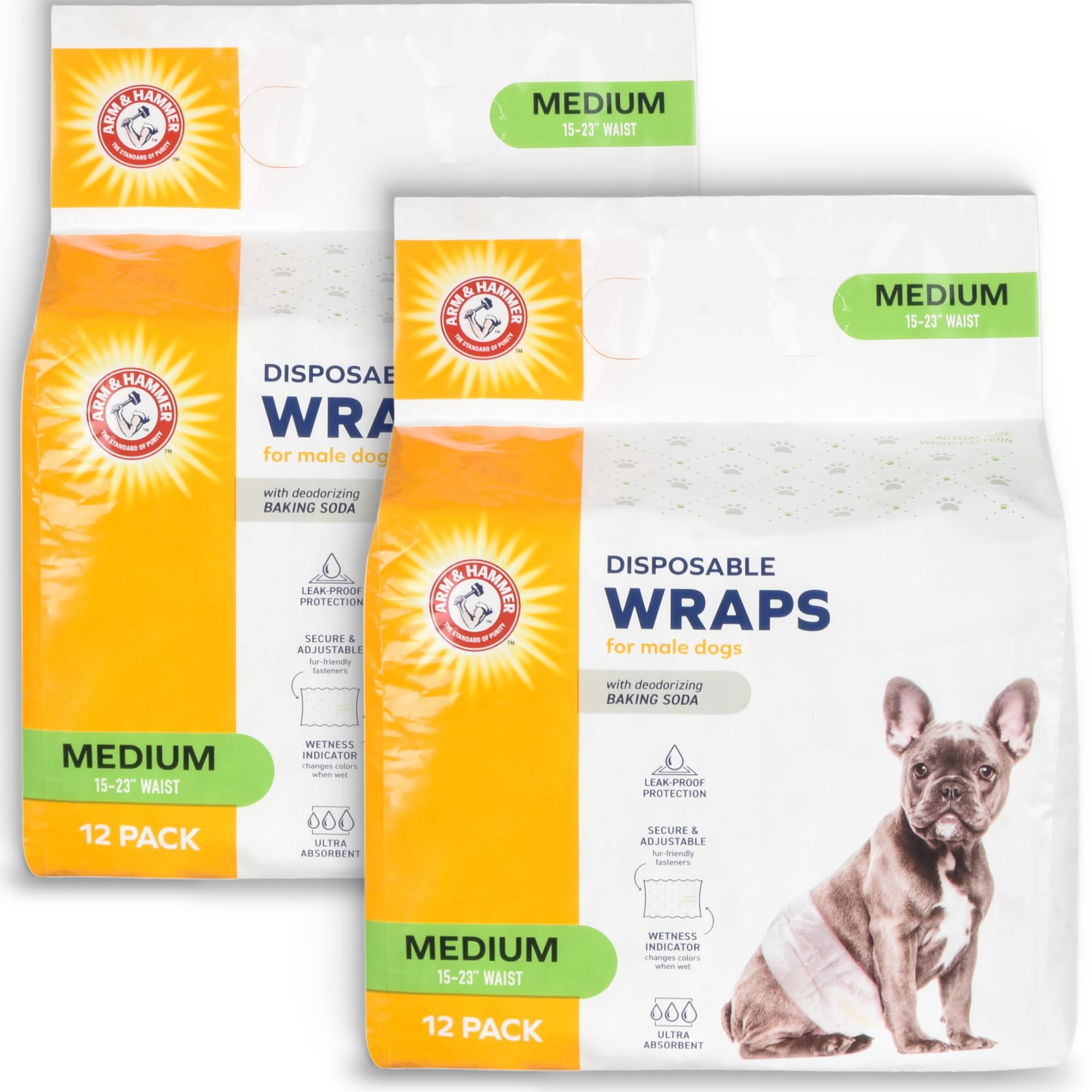 Arm&Hammer for Pets Male Dog Wraps, Medium 24 Ct UltraAbsorbent, Adjustable Male Dog Diapers with Leakproof Protection & Wetness