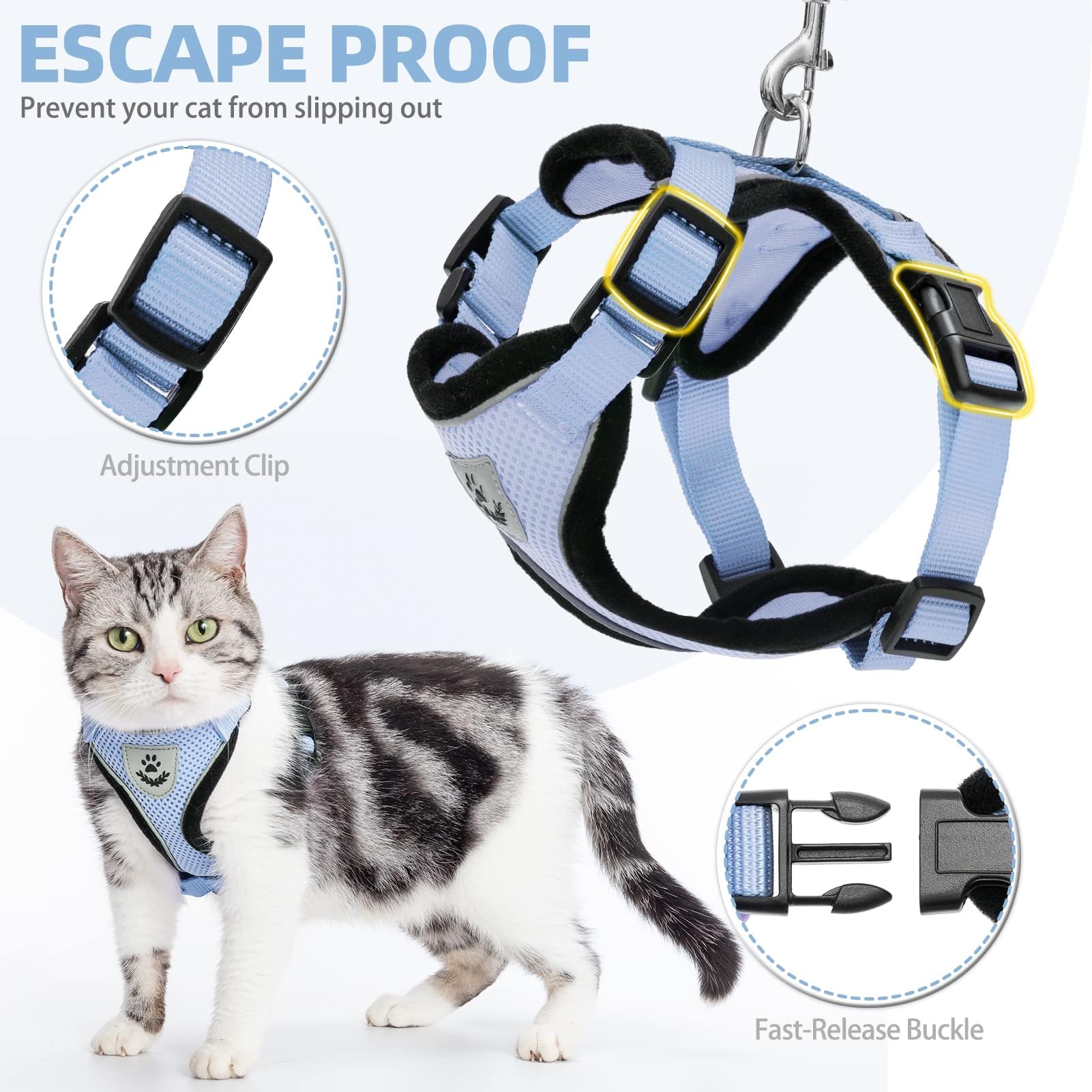 Pupteck Cat Harness And Leash Set Escape Proof Reflective Cat Walking Harness Adjustable Soft Breathable Mesh Vest For Small Pets, Sky Blue, M