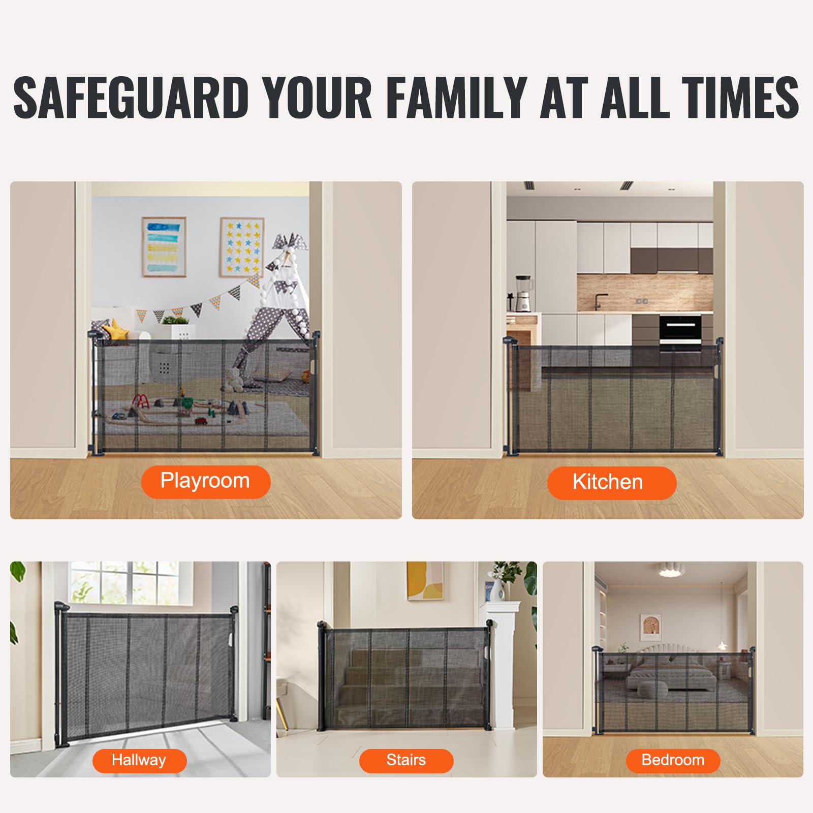 VEVOR Retractable Baby Gates for Stairs, Extends up to 60&quot; Wide, Mesh Dog Gate for The House, 34&quot; Tall Child Safety Gates for Doorways, Hallways, Wide Pet Gate, Cat Gate Indoor & Outdoor, Black