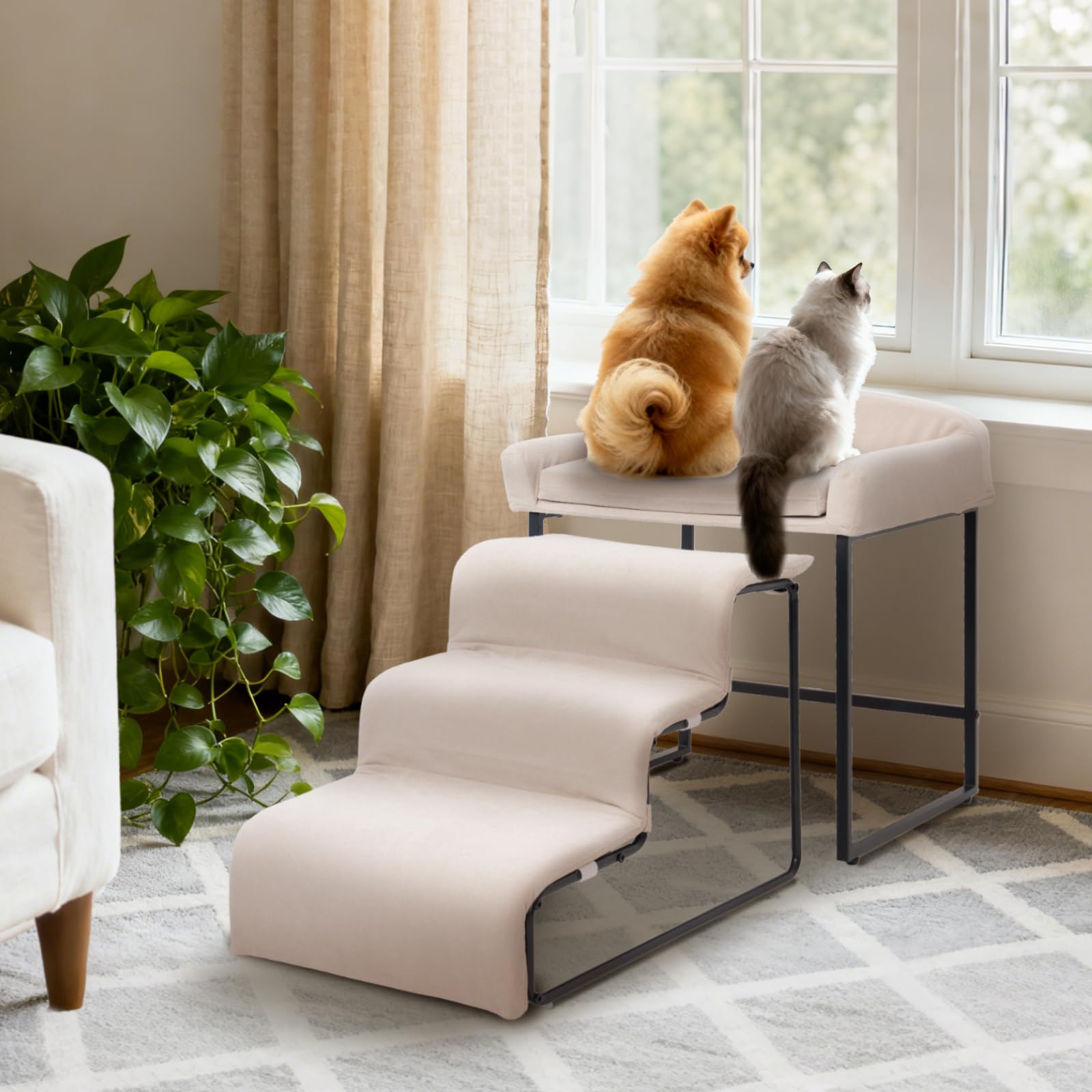 Dog Window Perch with Stairs,Pet Steps for Small Dogs &Cat,Pet Bunk Bed Dog Steps with Seat Elevated Platform Bed Indoor Dogs Ra