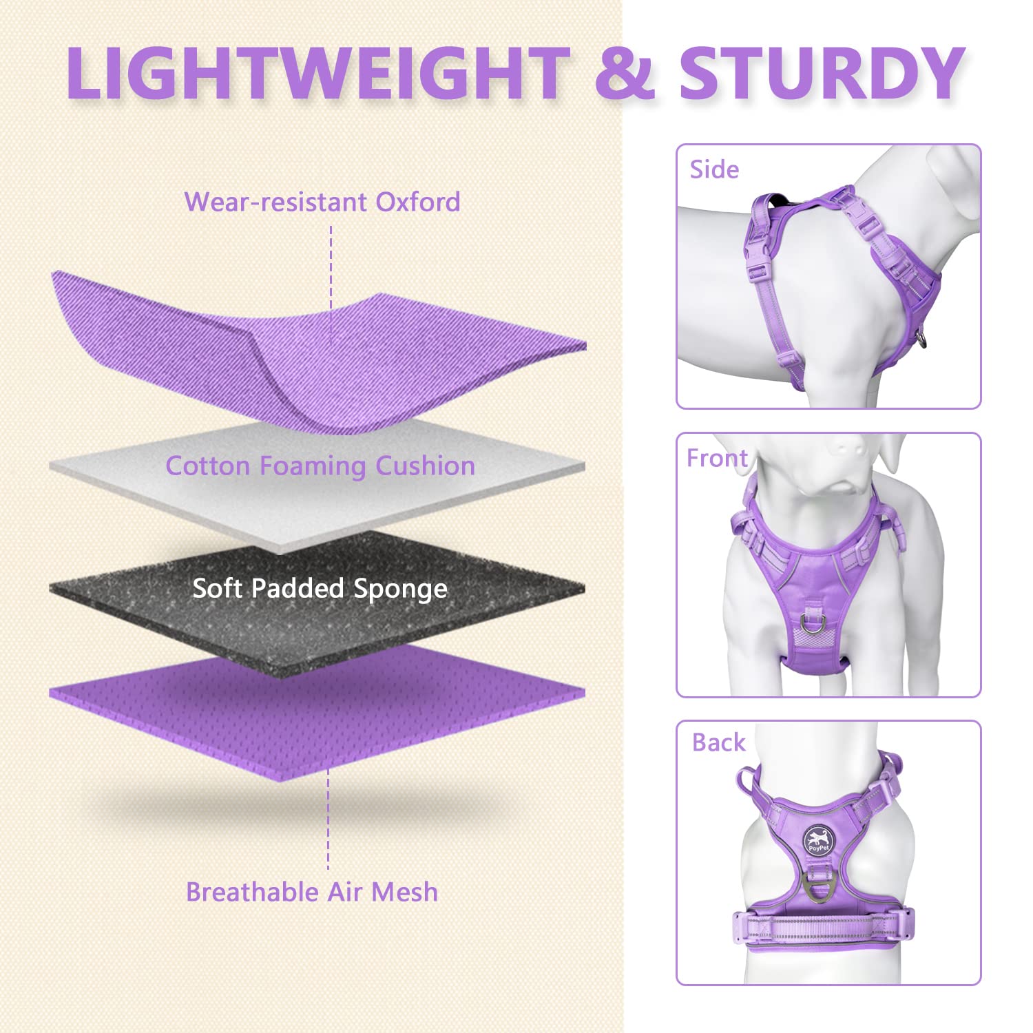 Poypet No Pull Dog Harness, No Choke Reflective Dog Vest, Adjustable Pet Harnesses With Easy Control Padded Handle For Small Medium Large Dogs(Light Purple Matching Trim,L)