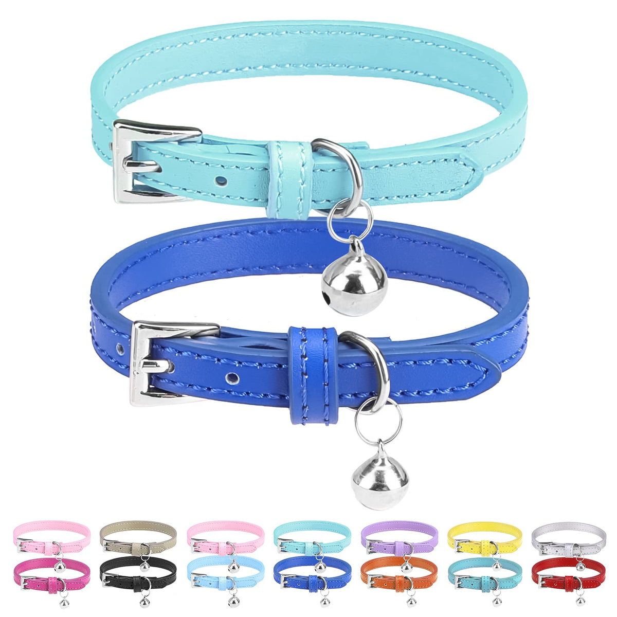 Pupteck 2 Pcs Soft Leather Cat Kitten Collar With Bells Adjustable For Girl Boy Cats Puppy - Pale Turquoise, Navy Blue