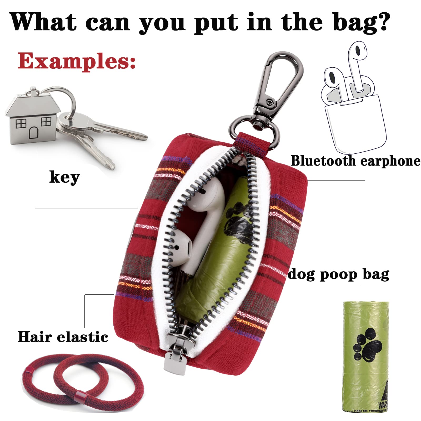 Unique Style Paws Dog Poop Bag Holder Reusable Christmas Waste Bag Dispenser For Travel,Park And Outdoor Use Includes 2 Roll Dog Poop Bag - Red Plaid