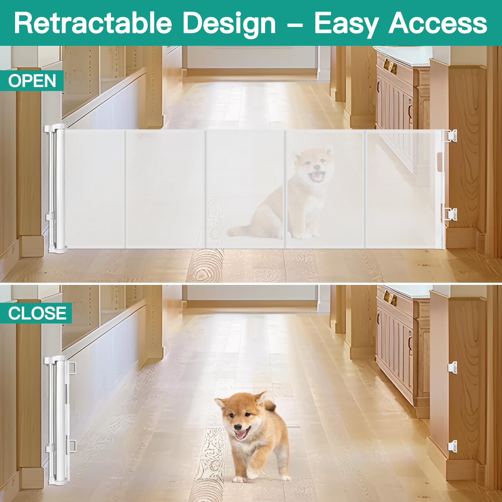 20 Inch Tall x 80 Inch Extra Wide Retractable Dog Gate for Large Openings, Easily Step Over Pet Gate, Short Dog Gate for Doorway