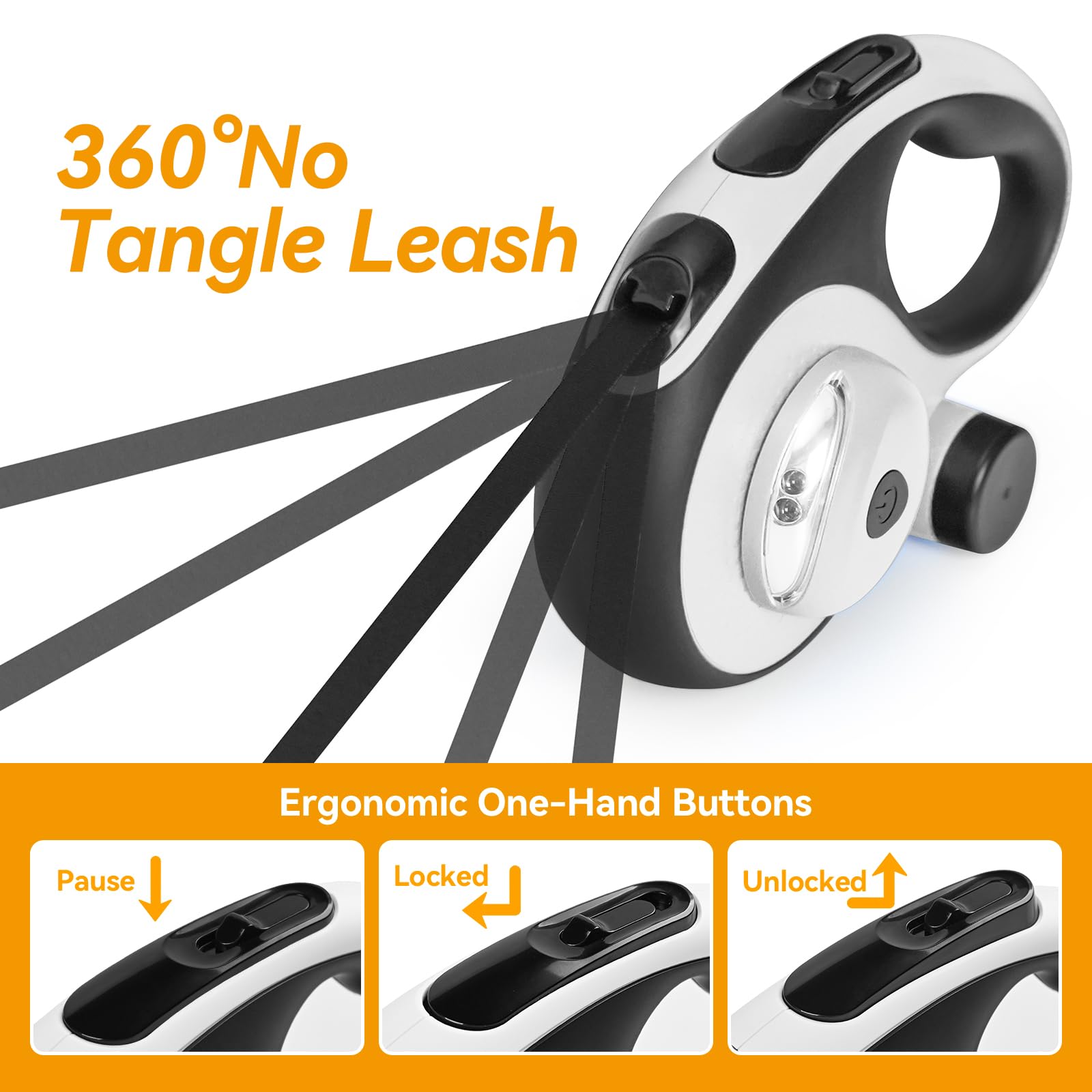 ODRIEW Retractable Dog Leash for Large Dogs, 16ft, Heavy Duty, Chew Proof, LED Light, White, Model MAS-5W