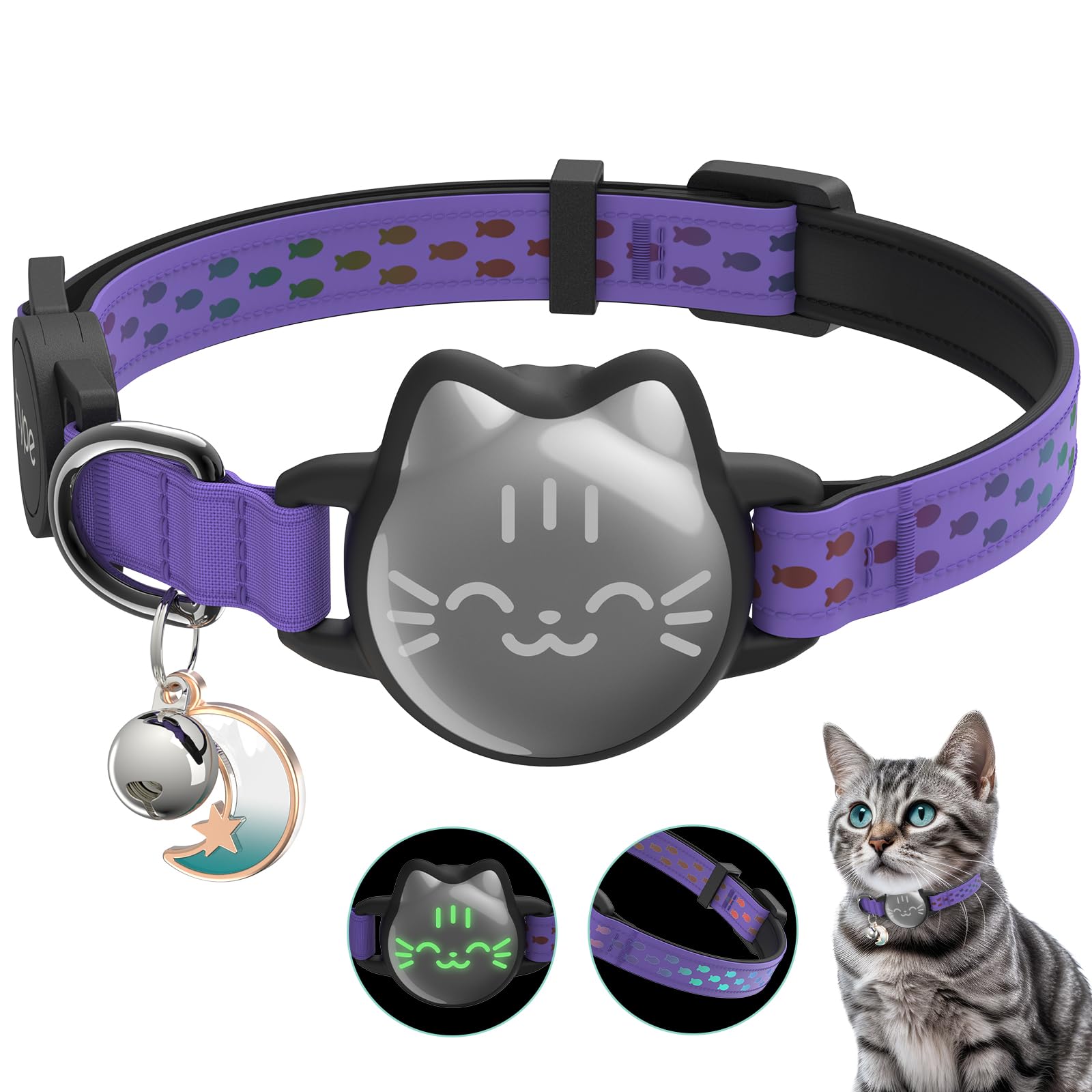 Waterproof Airtag Cat Collar, Breakaway Cat Airtag Collar With Luminous & Reflective Pattern Strap, Lightweight Kitten Collar For Apple Air Tag, Hidden Holder For Gps Tracker - Cats, Kittens (9-13')