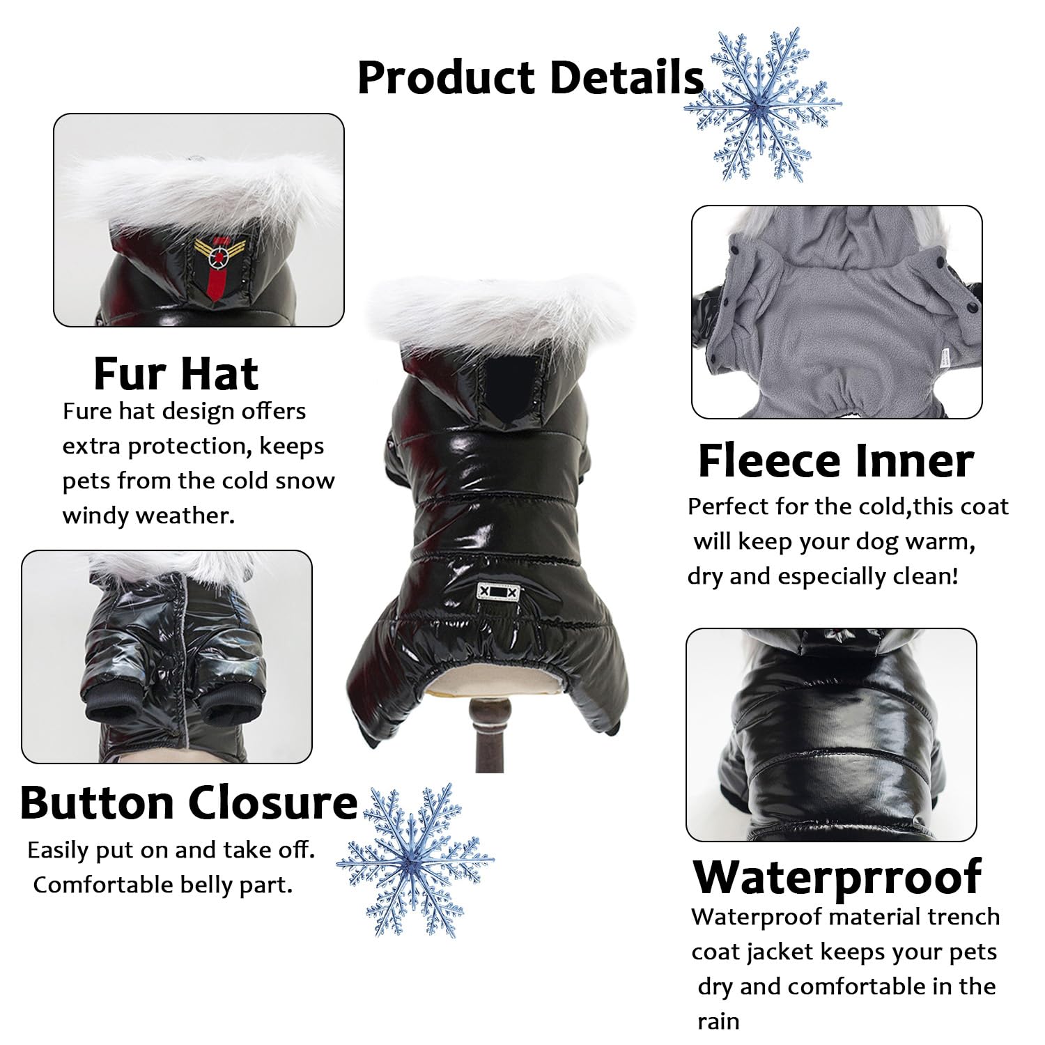 Muyaopet Waterproof Pet Clothes For Dog Winter Warm Dog Jacket Coat Dog Hooded Jumpsuit Snowsuit (Small, Black)