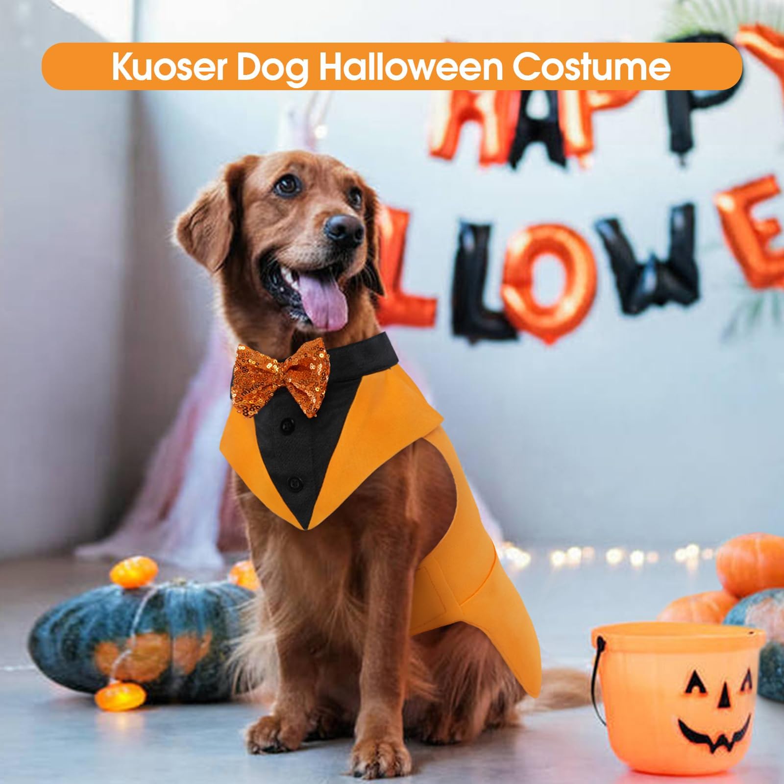 Kuoser Dog Tuxedo Suit And Bandana Set, Pumpkin Color Dogs Thanksgiving Outfit Adjustable Dog Halloween Costume With Bow Tie For