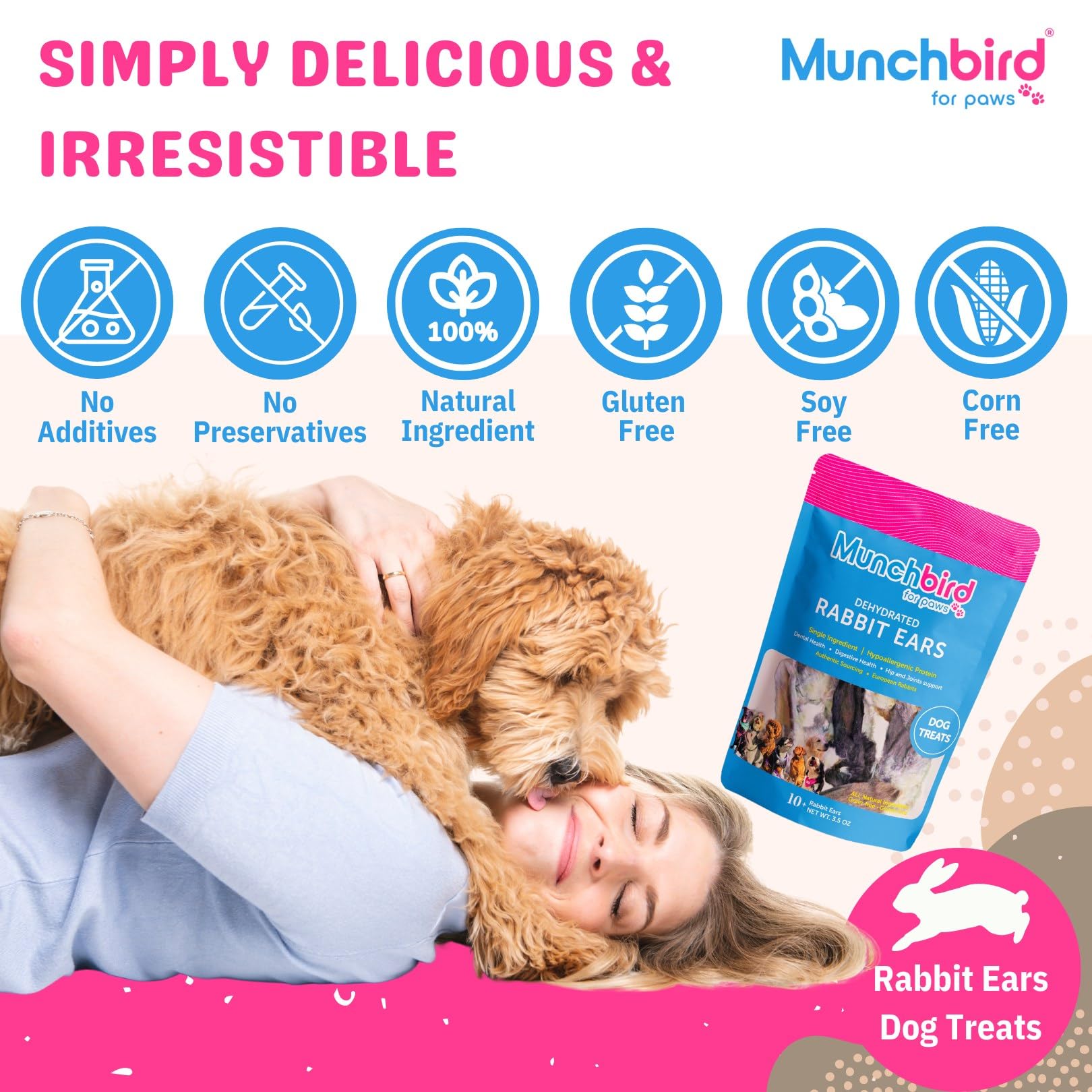 Munchbird Dehydrated Rabbit Ears 100g (3.5 oz) 12-15 pcs for Dogs, European Furry Rabbit Ear Natural Fiber for Pets, Rawhide Fre