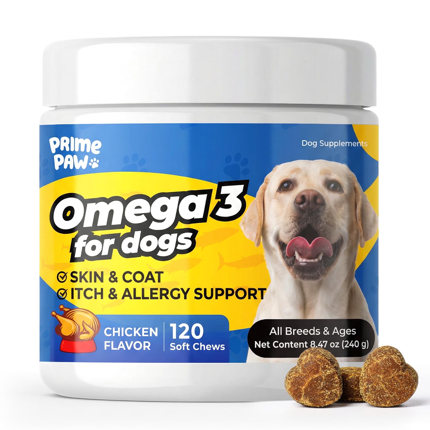 PrimePaw Omega-3 Skin & Coat Soft Chews for Dogs -120 Count, 2-Month Supply -Salmon Oil + Krill + Flaxseed with Turmeric & Green