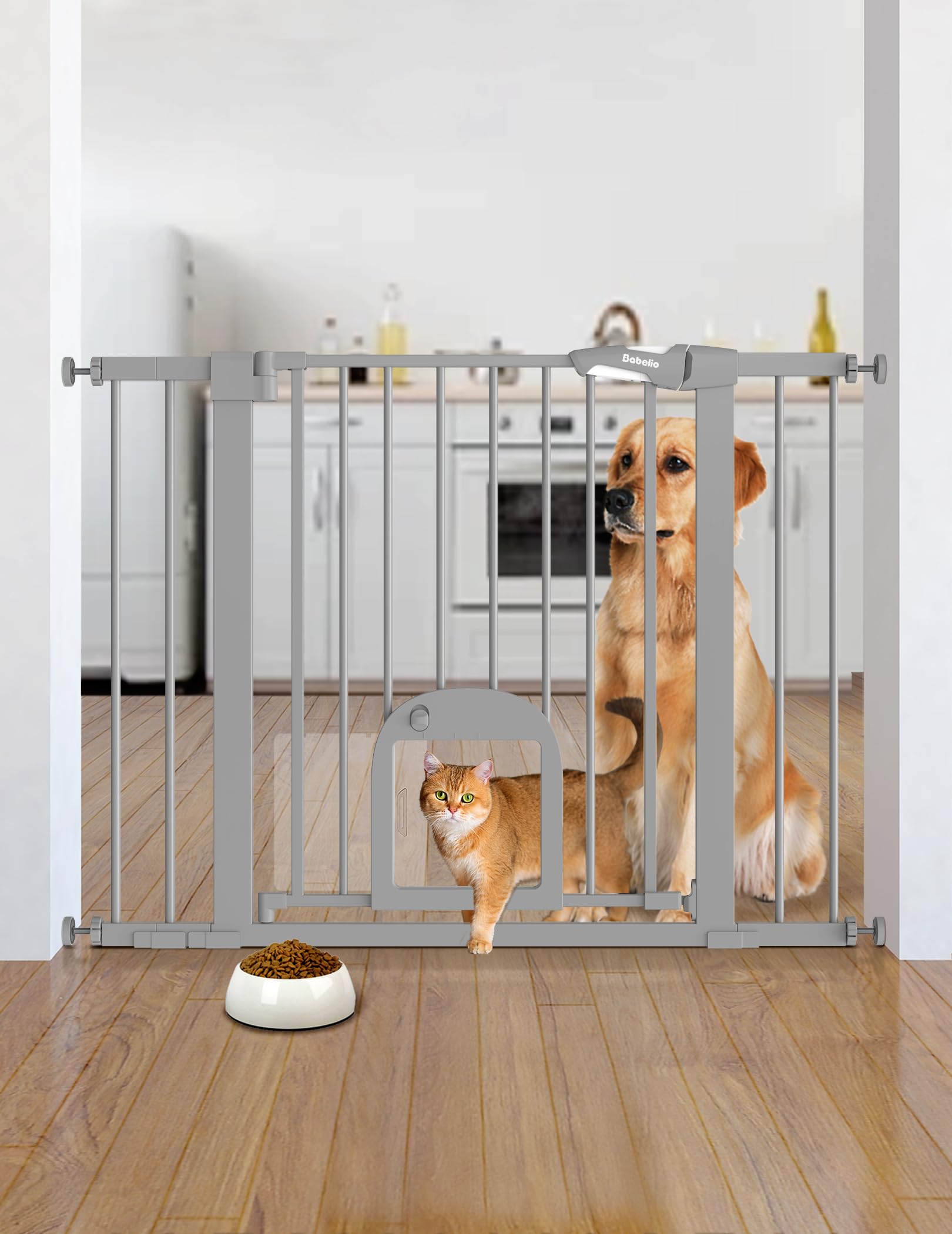Babelio Upgraded Baby Gate With Cat Door, 29-43'' Auto Close Durable Dog Gate For Stairs, Doorways And House, Easy Walk Thru Saf